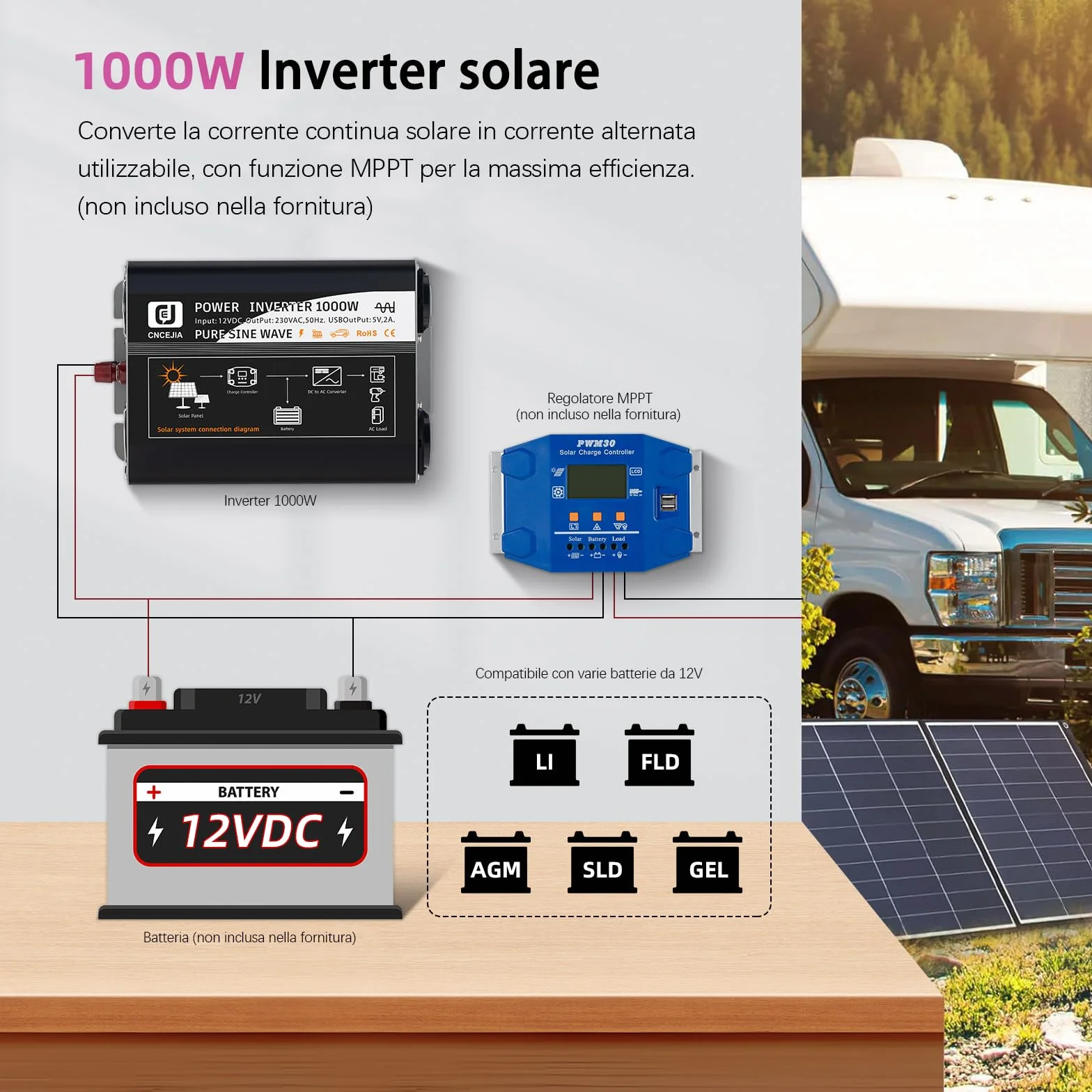 przetwornica napięcia 1000 W, czysta sinusoidalna 12 V na 230 V, z 2 portami USB, 2 gniazdami LCD, do samochodu, kampera, na kemping (czarny)