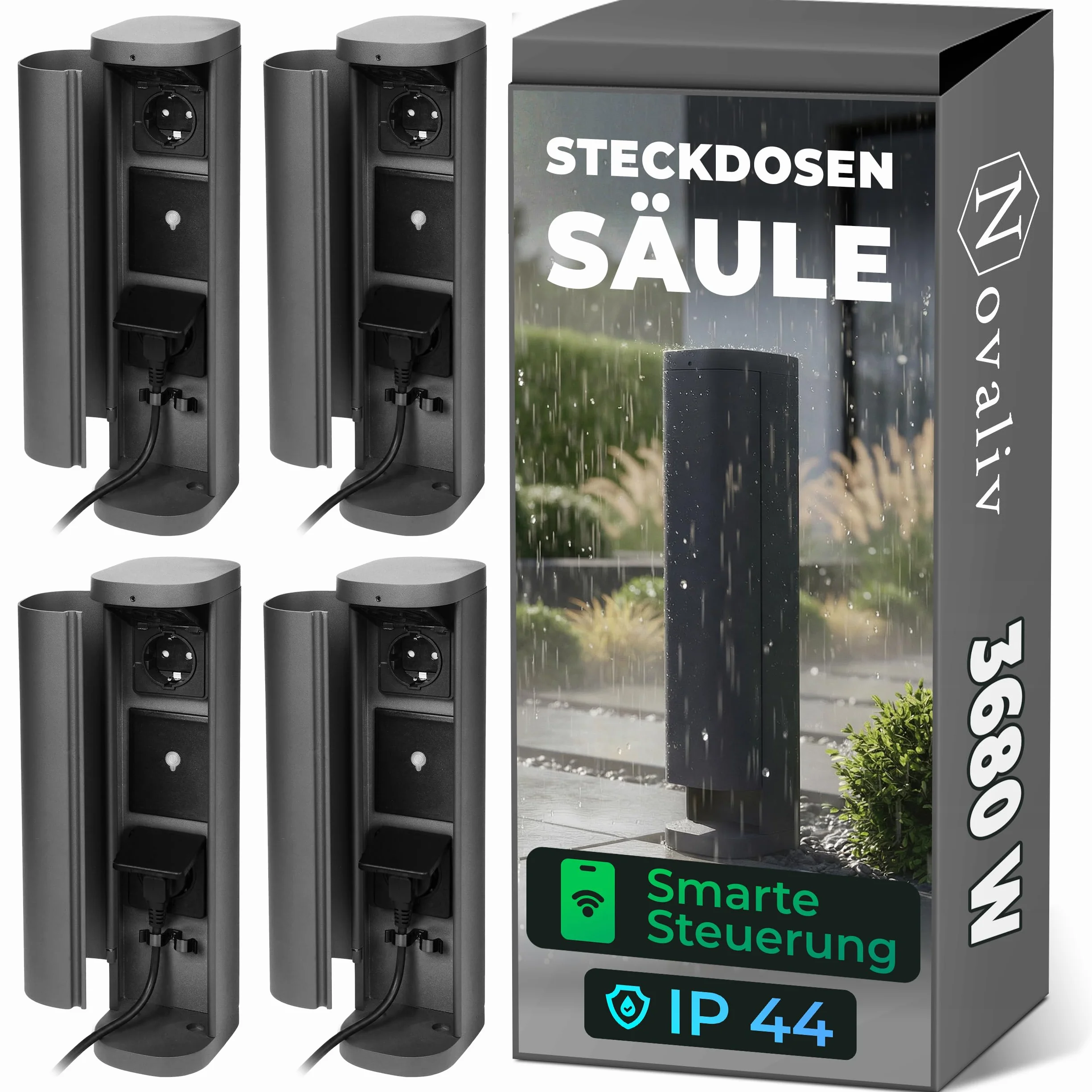Novatool 4 x gniazdko ogrodowe, radiowe, podwójne, antracytowe, inteligentne WiFi, aplikacja IP44, okrągłe, do użytku na zewnątrz, do ogrodu, wieża z gniazdkiem