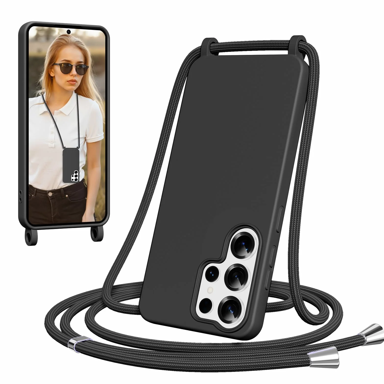 Etui na Samsung Galaxy S26 Ultra ze smyczą, silikonowe etui naszyjnik z paskiem na szyję, przenośne, regulowane, odporne na wstrząsy etui typu bumper do S26 Ultra z łańcuszkiem, Czarny