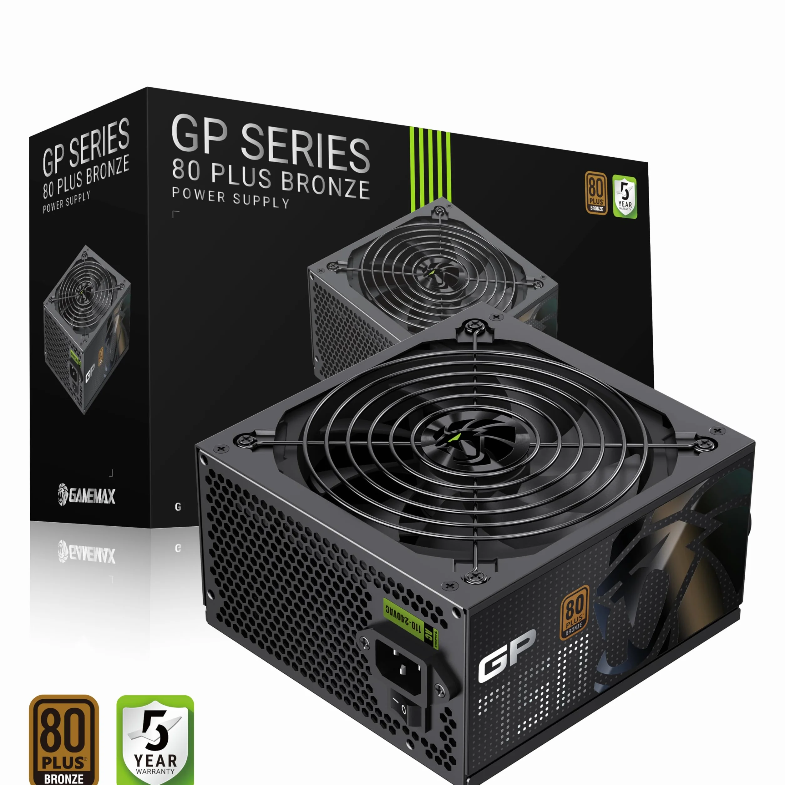 GAMEMAX GP 750B Zasilacz PC 750W, niemodularny, 80 Plus Bronze, DC-to-DC, wentylator HDB 140 mm, płaskie czarne kable, 9 zabezpieczeń, 5 lat gwarancji, czarny.