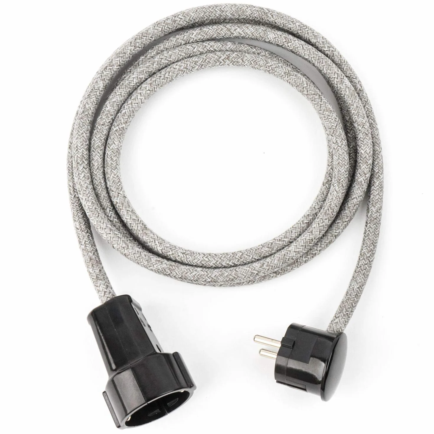 Przedłużacz, Kabel przedłużający, 5 m, szary, tekstylny kabel z wtyczką kątową Schuko i sprzęgłem z duroplastu (wygląd bakelitu)