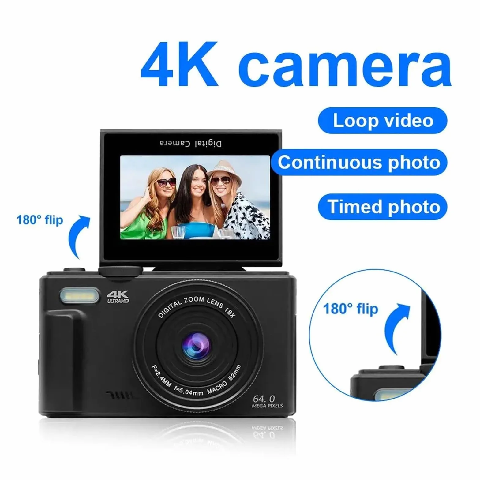 Aparat Cyfrowy 4K Do Fotografii I Z 18-krotnym Zoomem Cyfrowym Kompaktowa Kamera Vlogowania Odwracany Ekran O 180° Lampą Błyskową Z łatwością Uchwyć Wspaniałe Chwile(Black 128GB Card)