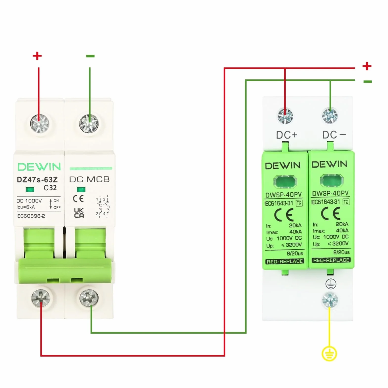 DEWIN Urządzenie przeciwprzepięciowe, 2P 40KA Urządzenie odgromnika fotowoltaicznego DC 1000V Zabezpieczenie przeciwprzepięciowe Urządzenie odgromowe Szyna DIN 35mm