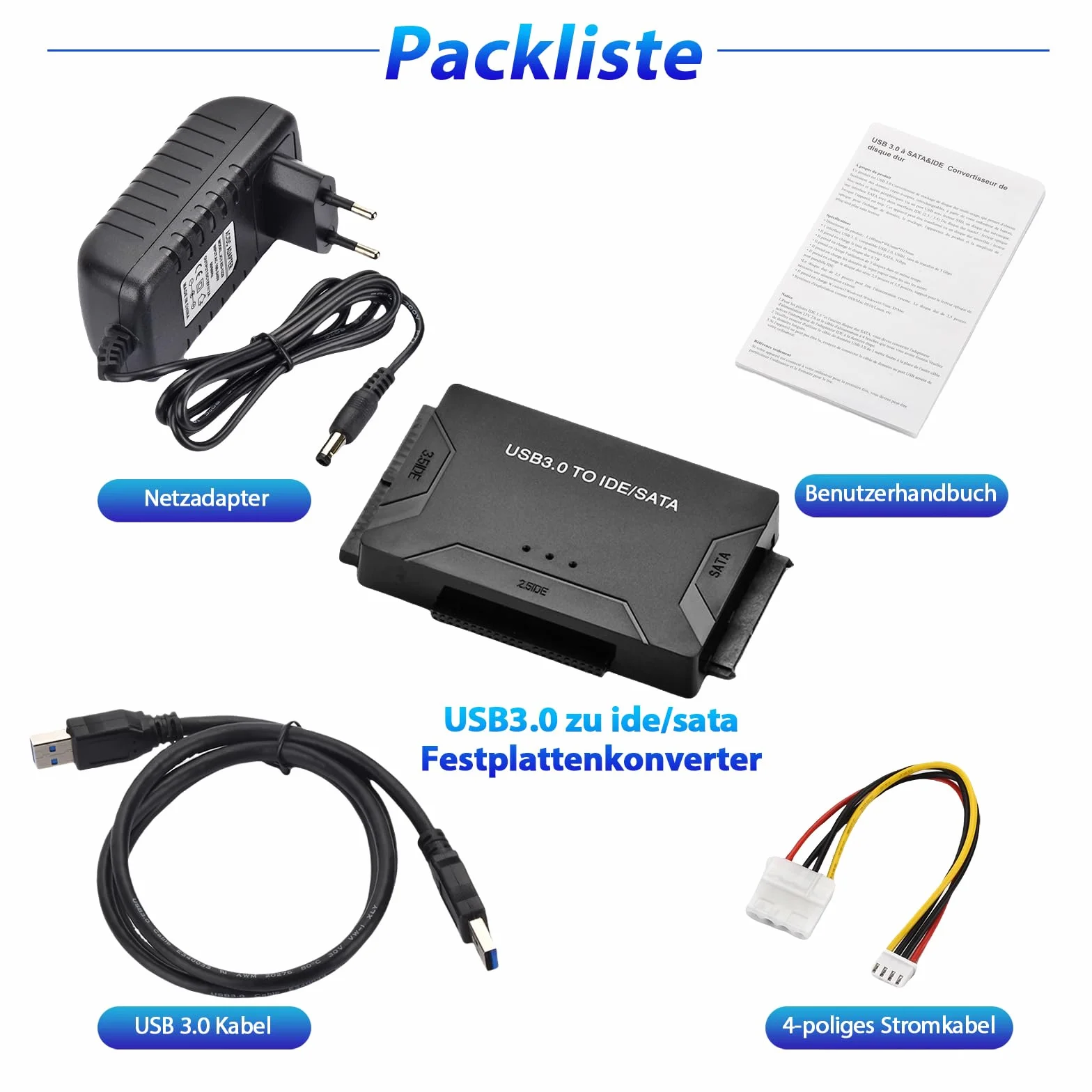 Adapter dysku twardego USB 3.0 na IDE/SATA do dysków twardych 2,5 cala i 3,5 cala HDD/SSD, adapter USB SATA Converter Kompatybilny z Windows 10/8/7/XP/Vista, Mac OS, Linux itp. (z źródłem