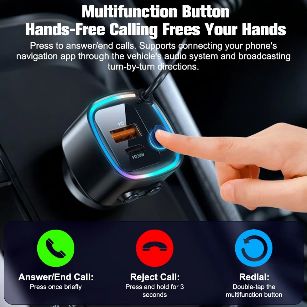 Aux Bluetooth Auto 5.4 adapter samochodowy Bluetooth Bluetooth z gniazdem AUX 3,5 mm, ładowarka samochodowa 42 W, szybkie ładowanie PD 30 W i QC 12 W, kabel sprężynowy 90 cm