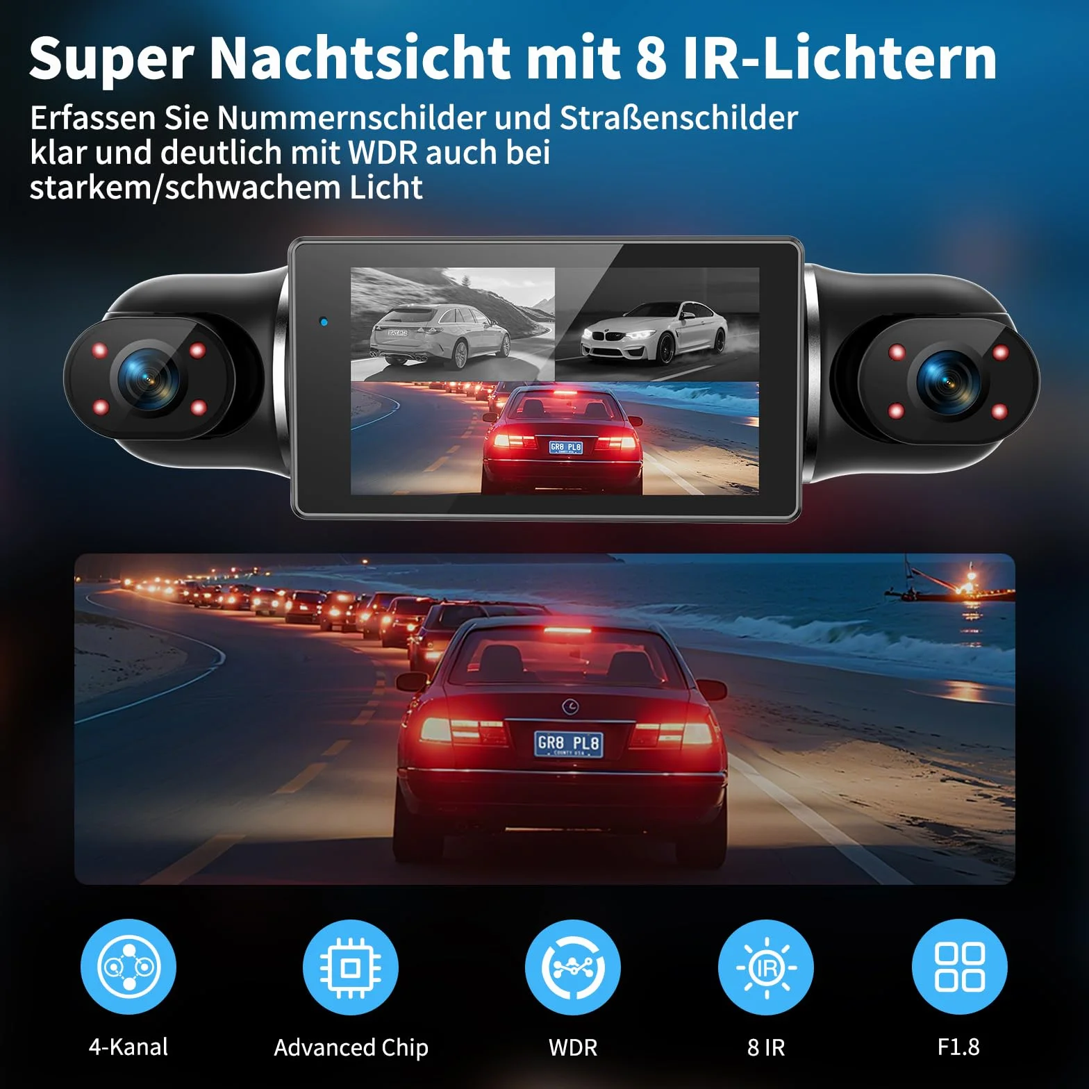 Kamera samochodowa 360° z przodu, z tyłu, 4-kanałowa kamera samochodowa FHD 4K + 1080Px3, bezpłatna karta SD 64 GB, szeroki kąt widzenia 4 x 140°, widoczność w nocy WDR (8 diod IR), czujnik G