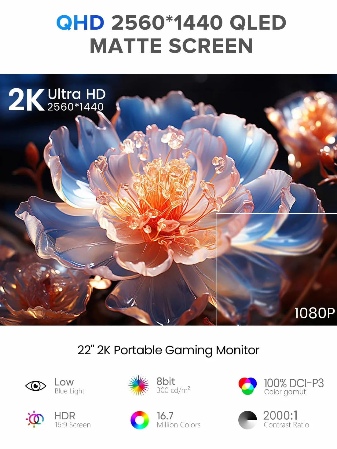 UPERFECT Przenośny monitor 2K 22", ekran dotykowy z wyświetlaczem IPS 2560 x 1440, mini HDMI, USB C, do komputera, laptopa, telefonu komórkowego, Xbo Switch PS4/5, kompatybilny z VESA
