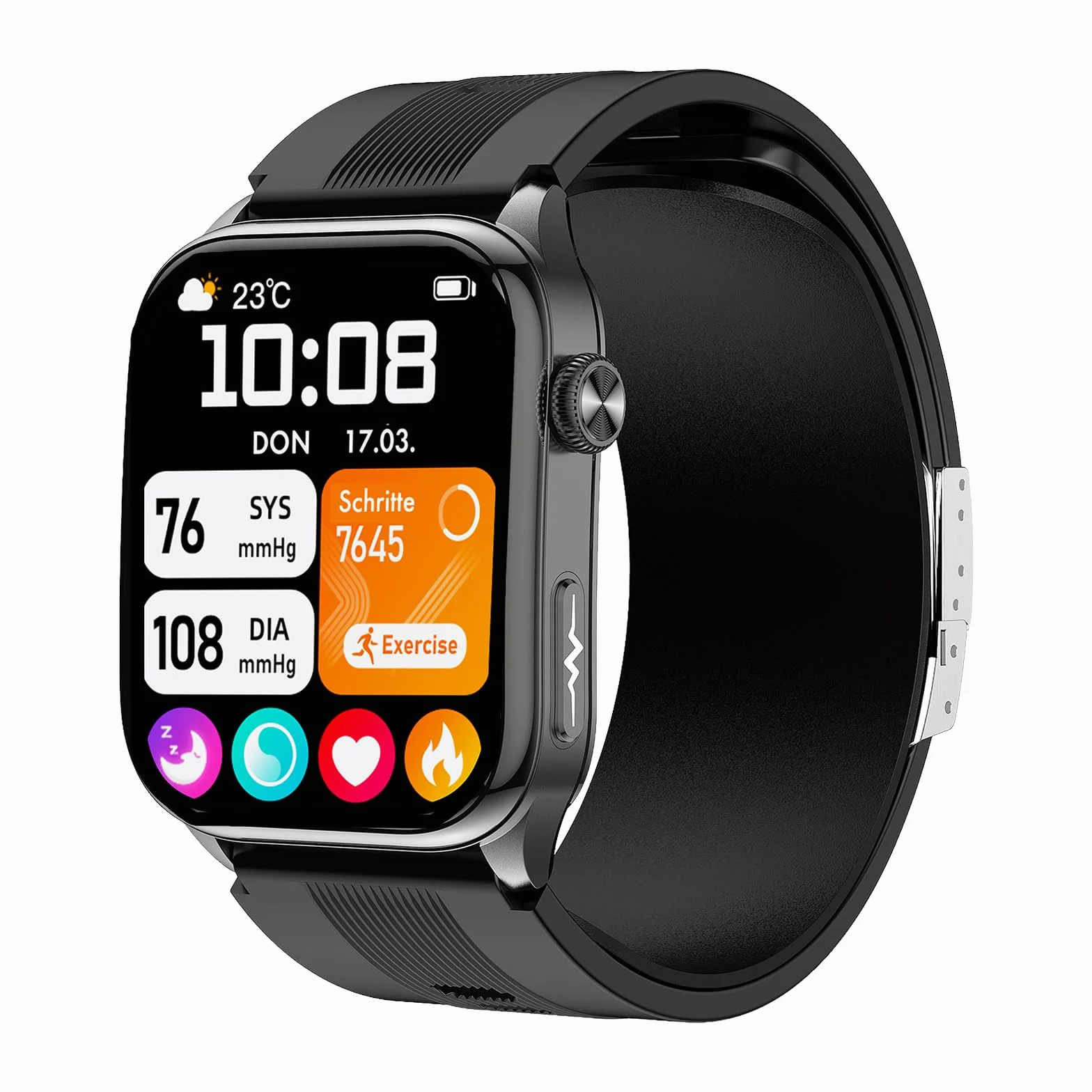 Knauermann PRO 4 Air (2026) Smartwatch i tracker fitness dla kobiet i mężczyzn, AMOLED zawsze włączony, IP66, Bluetooth 5.3, bateria do 25 dni, Android i iOS, czarny, kwadratowy, silikonowy pasek