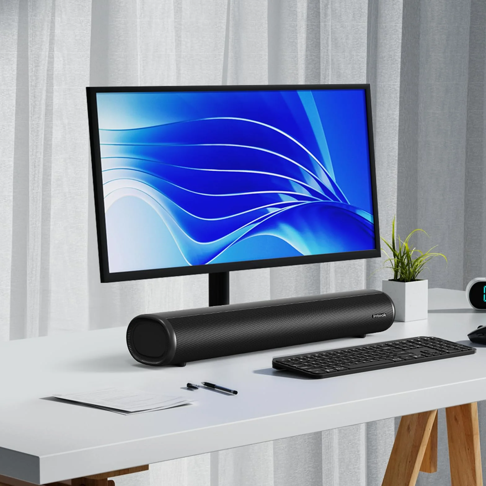 LITTOAK Listwa dźwiękowa do telewizora, BT 5.0, soundbar, 50 W, 40 cm, do domowego audio, gier, projektorów, głośników telewizyjnych, obsługuje złącze HDMI ARC/Optical/RCA/USB/AUX, do montażu na