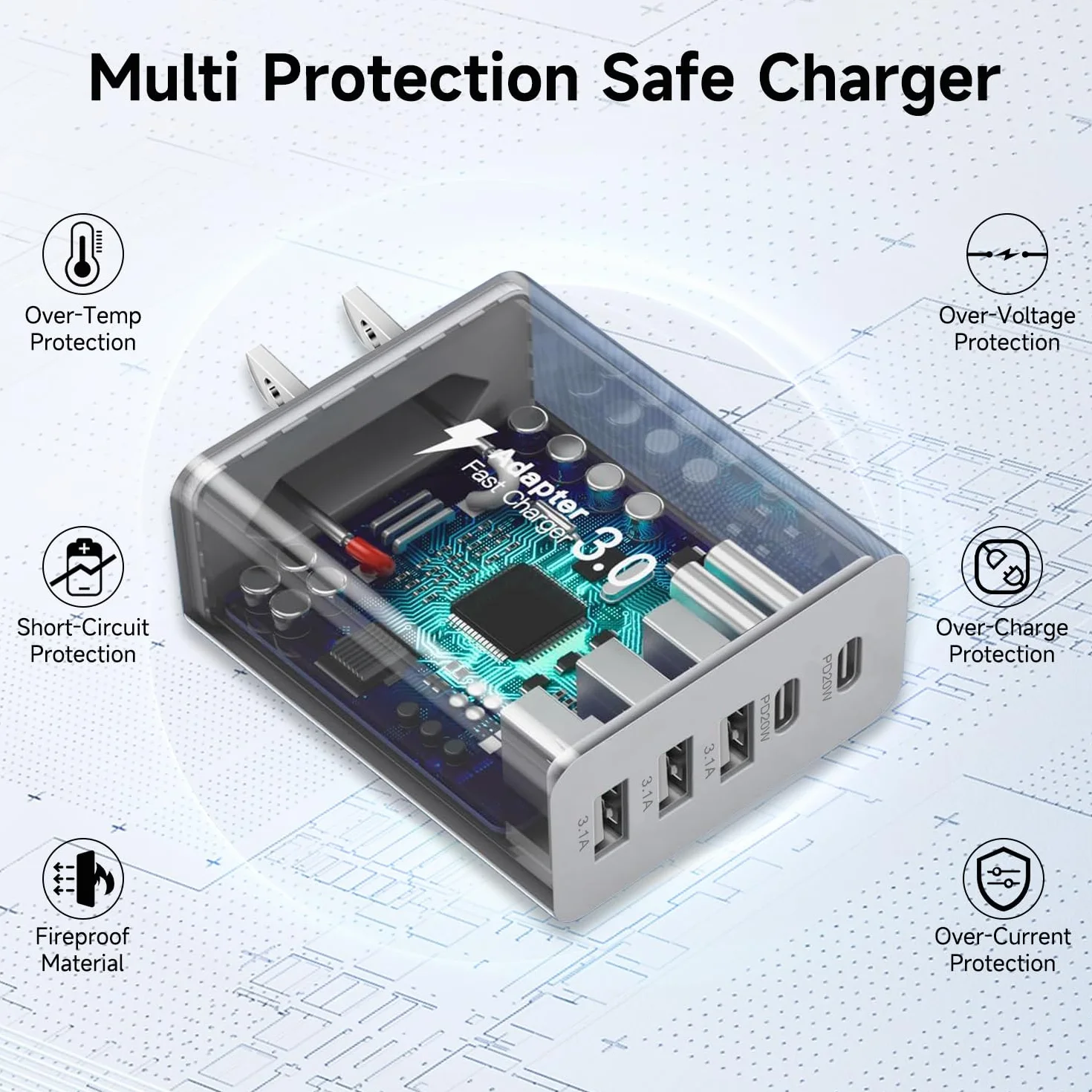 Adapter Turystyczny USA, Wtyczka Amerykańska, Przejściówka Kanada, Szybka Ładowarka USB C 50W z 2 Portami USB-C i 3 Portami USB-A do USA/Kanady/Meksyku/Japonii/Chin