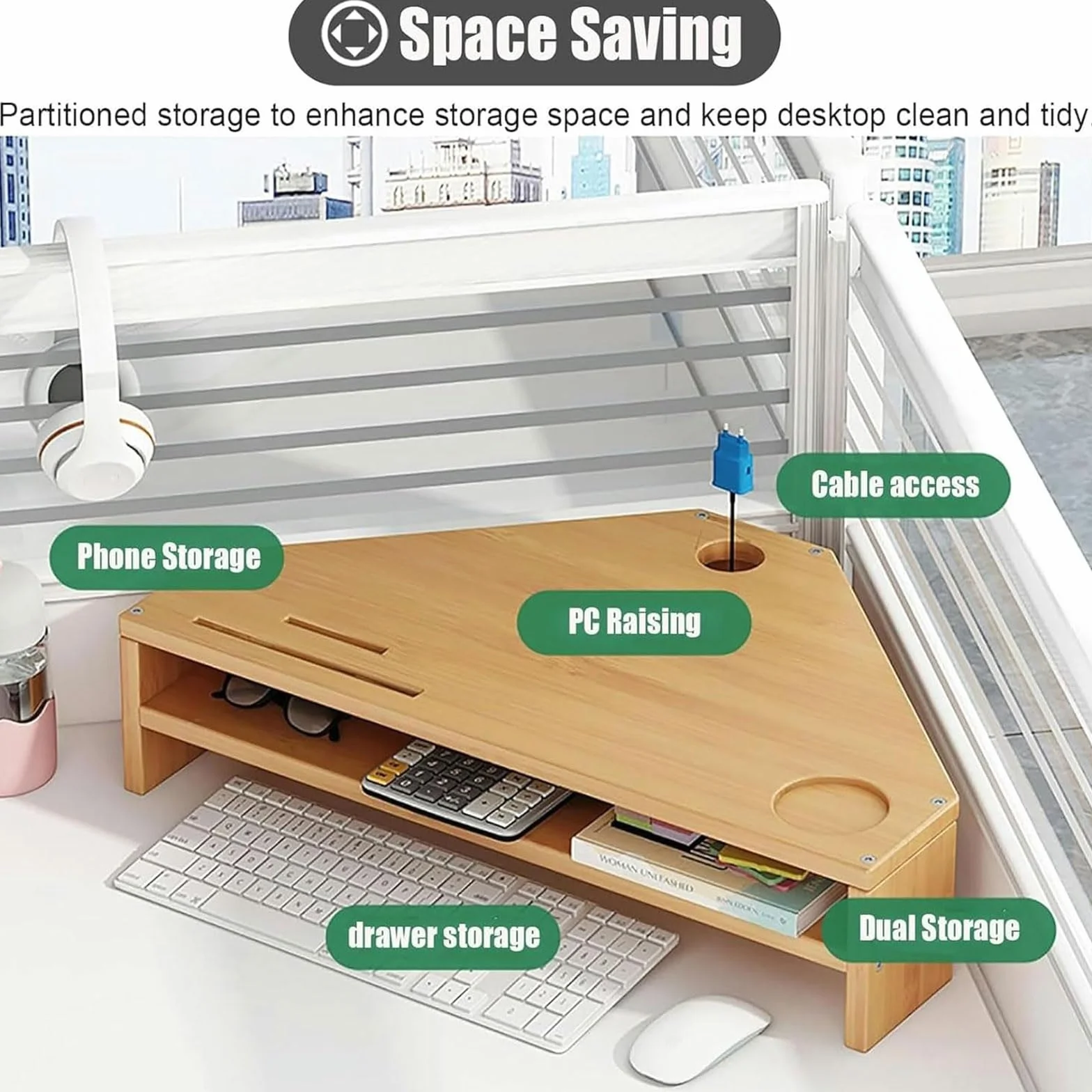 Monitoruj stojak z przechowywaniem 2-poziomowy stojak na monitor z zarządzaniem uchwytem telefonu i kablami Laptop Computer Desk Organizer Stand, For Home & Office,Walnut