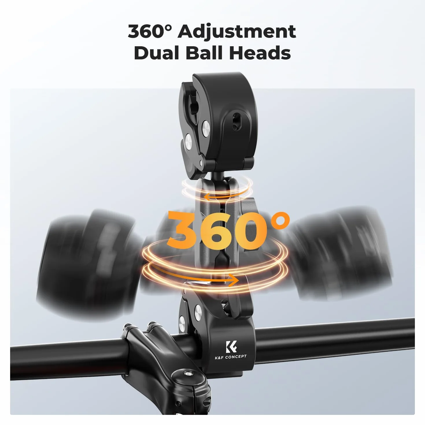 Uchwyt motocyklowy/rowerowy K&F CONCEPT z dwoma głowicami, z dwoma zaciskami Super Clamps, regulowanym ramieniem Magic Arm 360° z adapterem do kamery sportowej i adapterem 1/4", pręt przedłużający nie