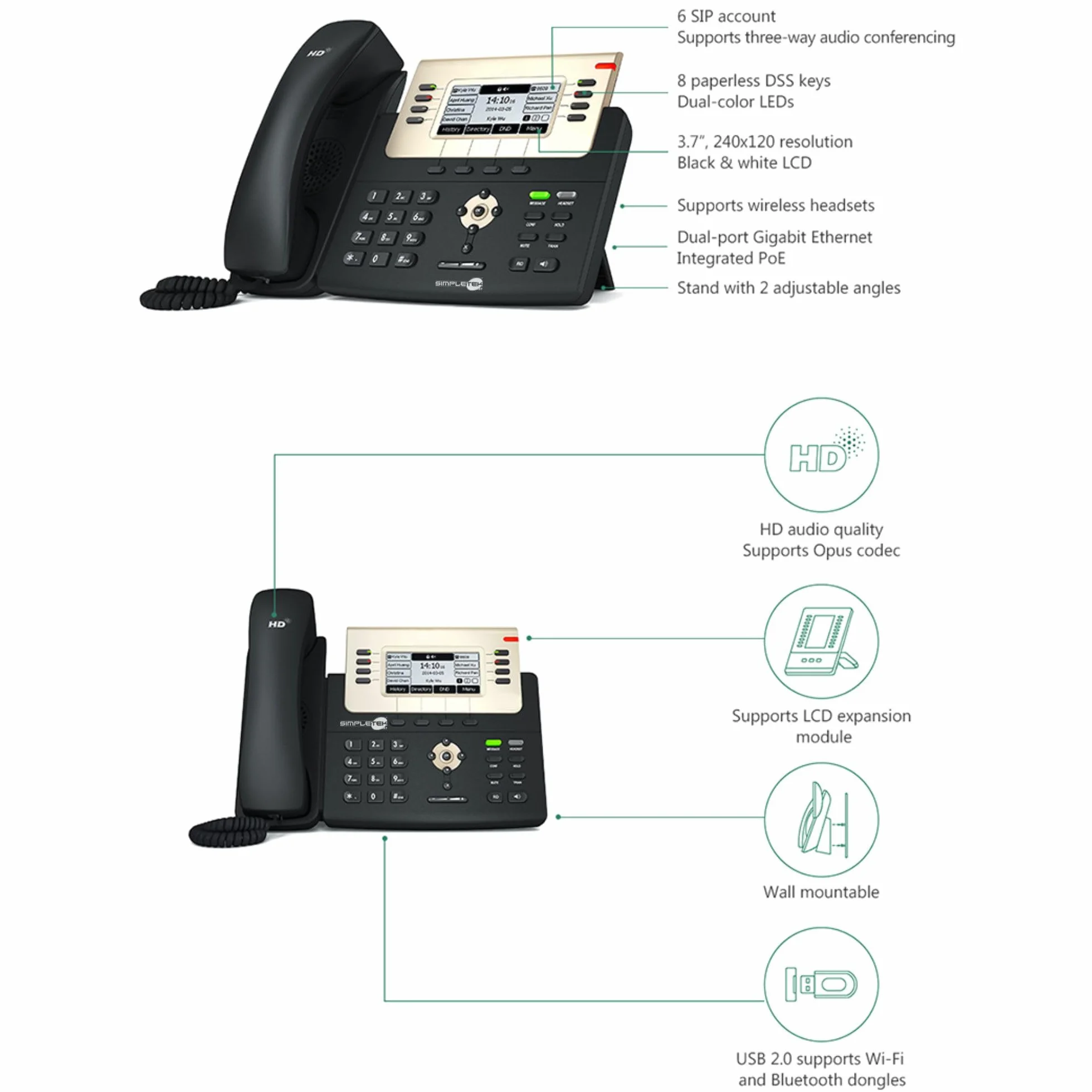 SIMPLETEK - Profesjonalny telefon IP VoIP PoE | 6 kont SIP | Audio HD, 2 x Gigabit Ethernet, podświetlany wyświetlacz (odnowiony)