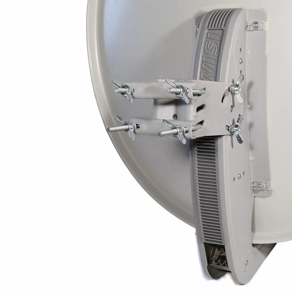 WISI Orbit Topline antena offsetowa OA85G w kolorze jasnoszarym – 85 cm reflektor z aluminium z 40 mm uchwytem LNB, podnoszonym i obejmami maszowymi – kompletna antena satelitarna z akcesoriami montażowymi