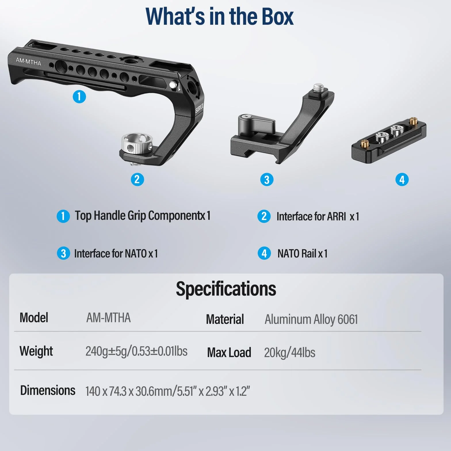 SIRUI 2 w 1 Top Handle do ARRI lub NATO Mount, w pełni aluminiowy uchwyt klatki na kamerę z Cold Shoe z trzpieniem zabezpieczającym, kilka otworów gwintowanych, AM-MTHA