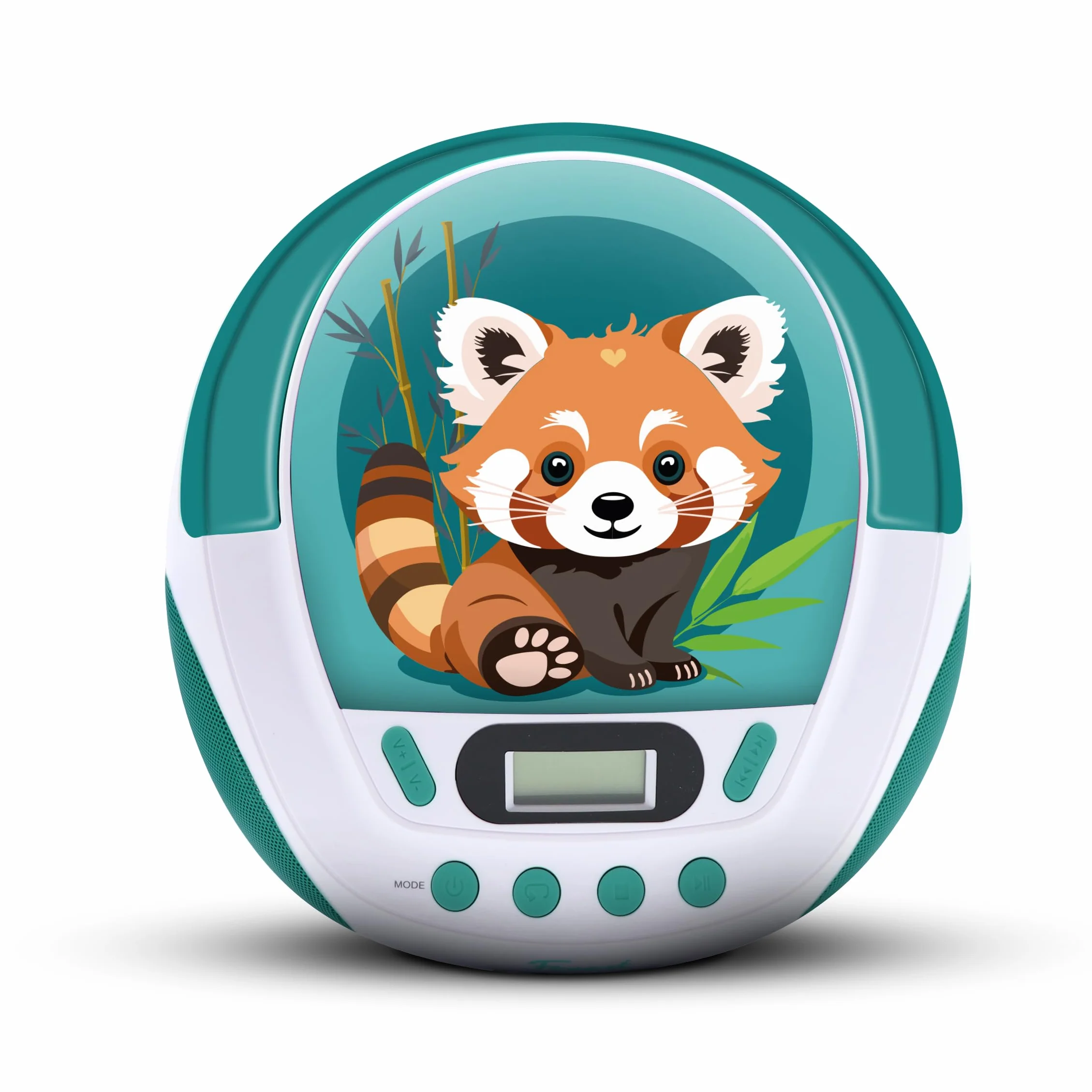 MOOOV 477414 Czerwona Panda Odtwarzacz CD dla dzieci i port USB - AUX-in - Gniazdo słuchawkowe - przenośna stacja z uchwytem do przenoszenia - Zasilanie sieciowe lub baterie - zielony i biały