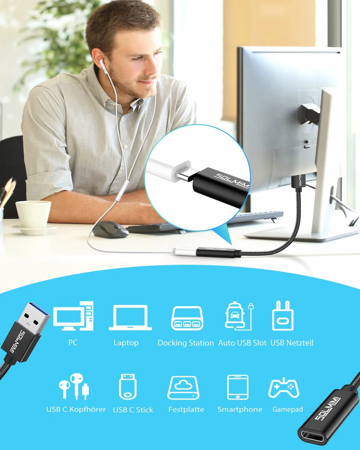 Przewód USB C żeński na USB męski 1,2m do smartfona laptopa