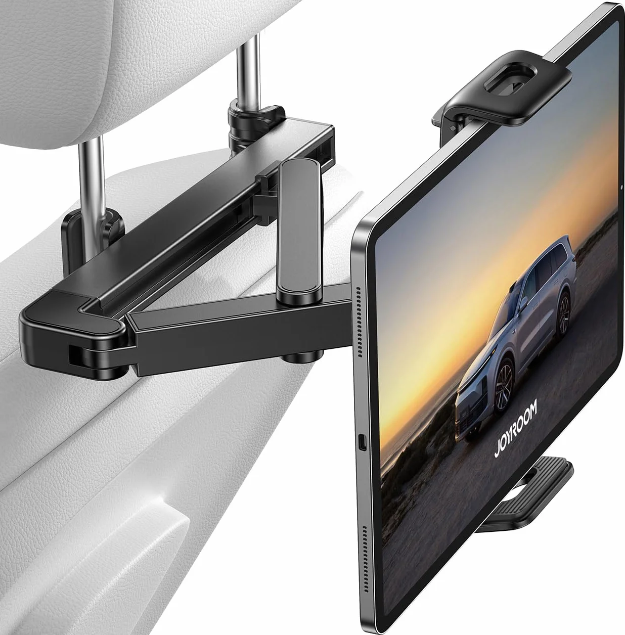 JOYROOM Samochodowy uchwyt na tablet [stabilizująca trójkątna struktura] uchwyt samochodowy na iPad z podwójnym stelażem, składane ramię, uchwyt na tablet i zagłówek samochodowy do iPada/Switch