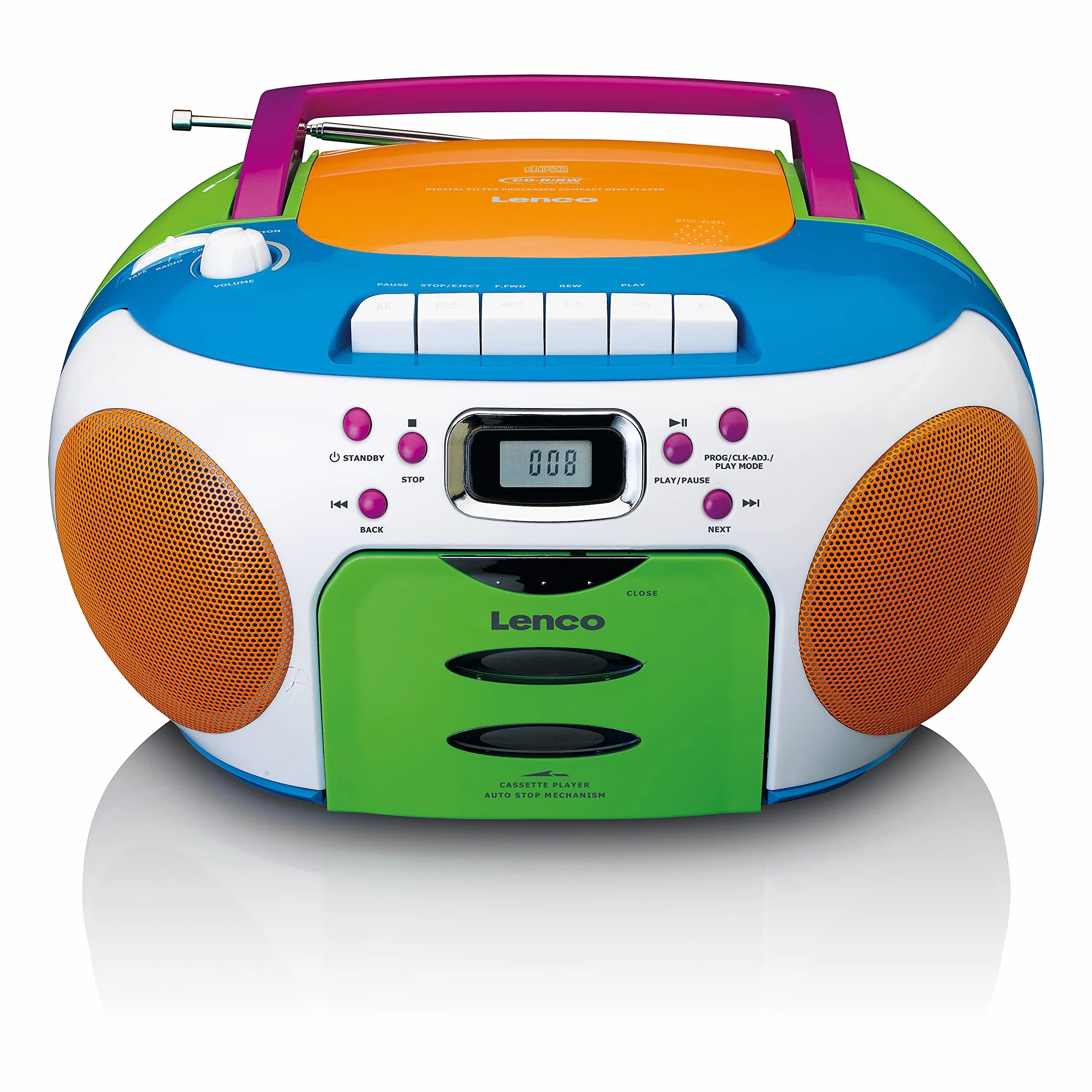 Lenco SCD-971 Radio Dziecięce Kasetowe z CD - Odtwarzacz CD i Kasetowy - Głośnik Stereo - Wejście Na Słuchawki - Pamięć Utworów - Wielokolorowe