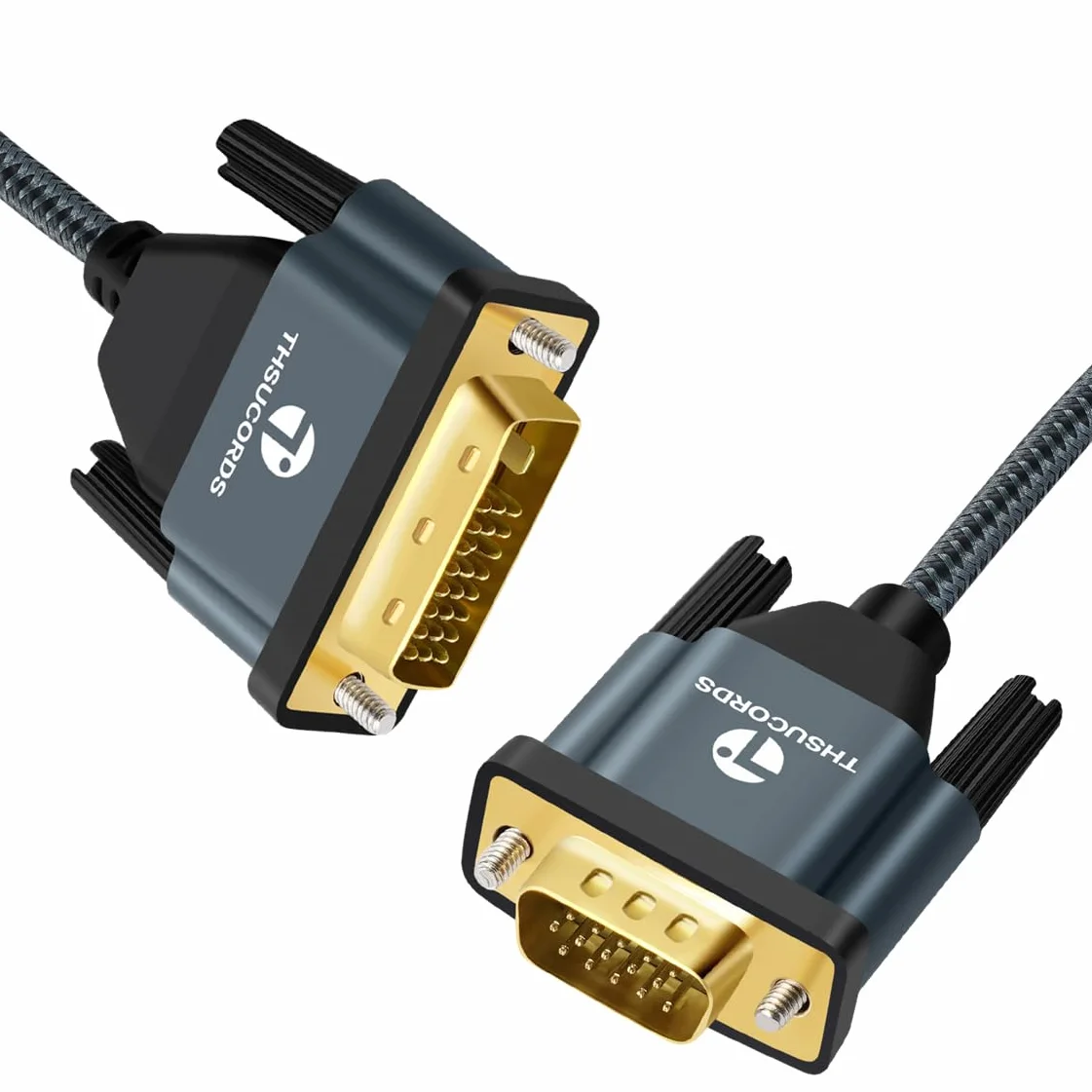 Thsucords Kabel DVI na VGA 1M, Jednokierunkowy Adapter DVI-D na VGA, Męski Pozłacany Pleciony Przewód,1080P Full HD do Telewizora HD, Komputera, Laptopa, Monitora, Projektora