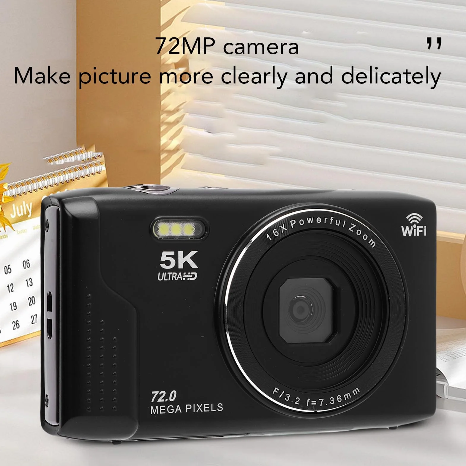 Aparat Cyfrowy, 5K 72MP UHD Autofocus WiFi z 16x Zoom, Ekran 2,8 Cala, Błyskowa, Kompaktowy dla Vlogu, Karta 64 GB (64GB)