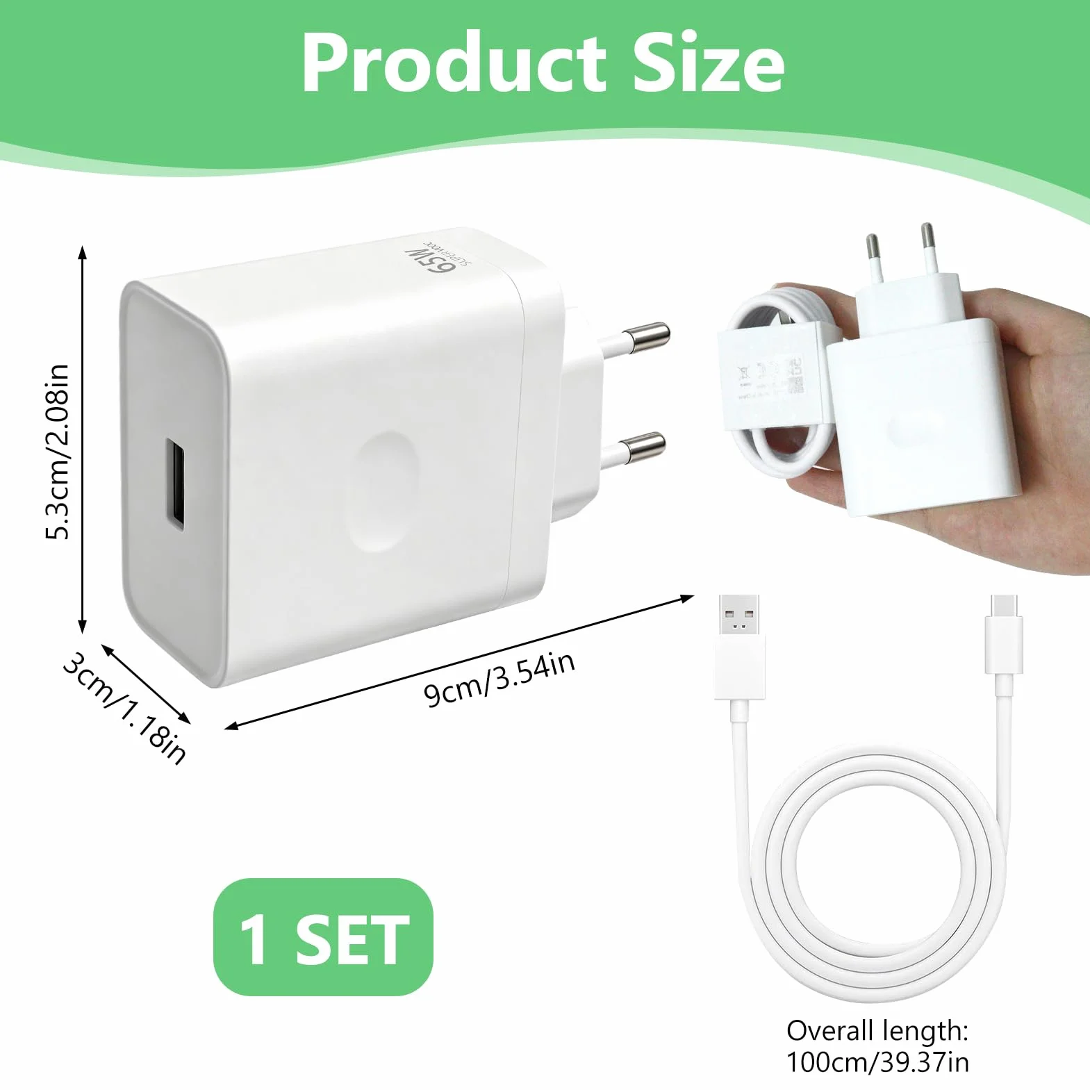 65W USB-C Ładowarka do Super-VOOC, ładowarka super-vooc z kablem USB-A na C Find X7/X6/X5/X3/Reno 11/10/8/7/6 do One-Plus 11/10T Nord 2T/10 Pro do Real-me GT/9 Pro