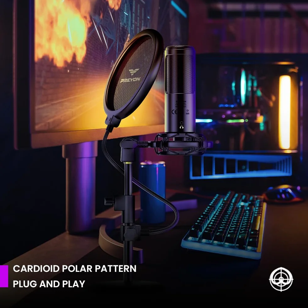 PREYON Buzzard Scream Zestaw USB z Mikrofonem do Streamowania i Grania— Kardioidalny Mikrofon Pojemnościowy z Mocowaniem Przeciwwstrząsowym, Filtr Pop —Plug & Play — Aluminiowa Obudowa
