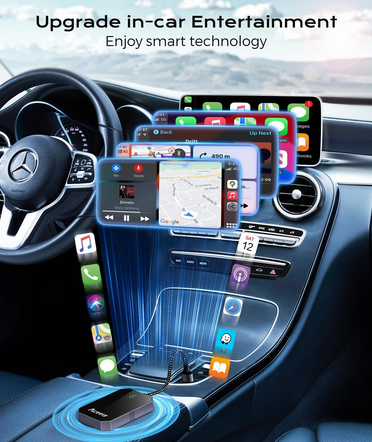Aceele CarPlay bezprzewodowy adapter do Apple iPhone iOS 10+, USB C/A Car Play, adapter Plug and Play, Mini CarPlay pendrive USB do samochodów od 2016 roku (nie jest obsługiwany przez Android)