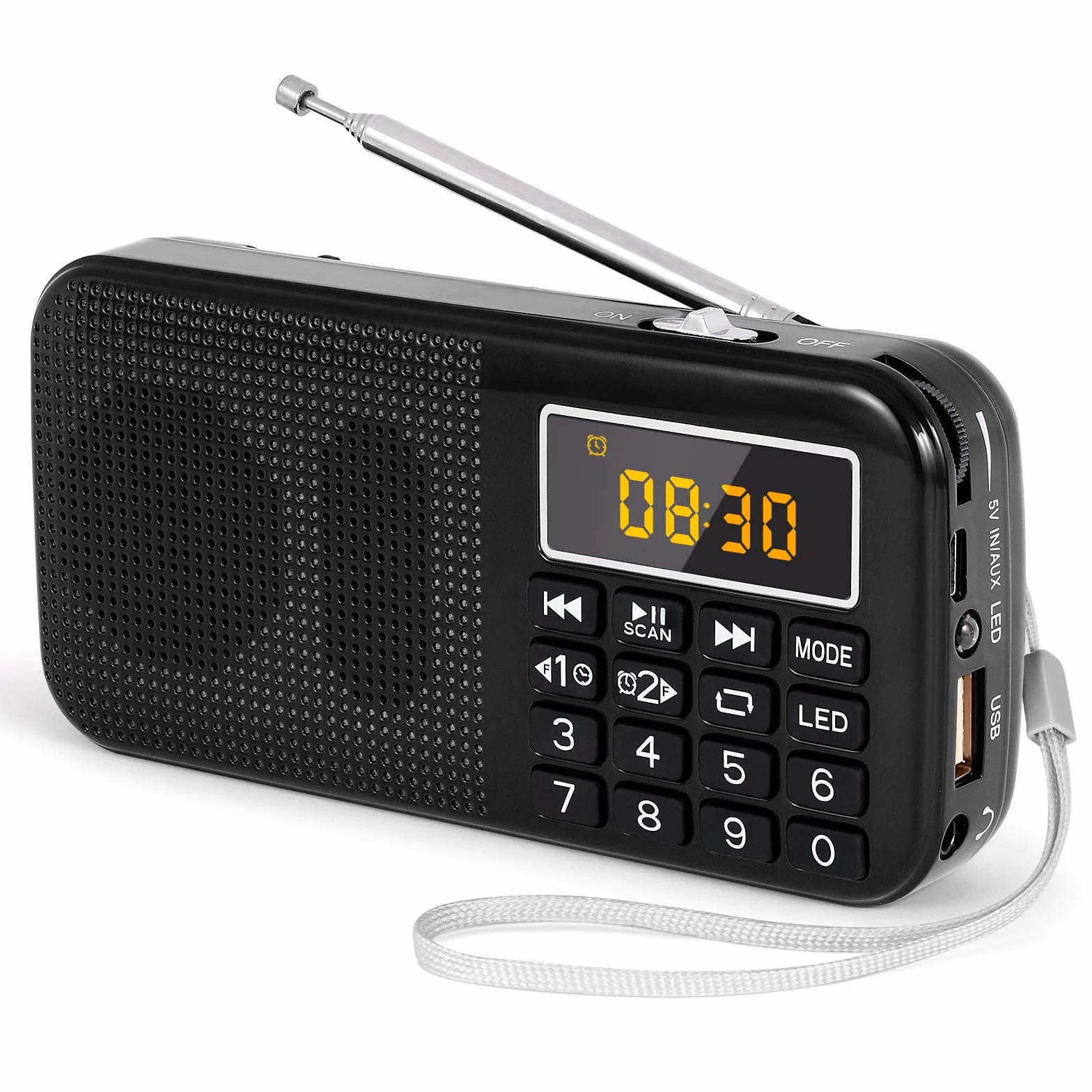 PRUNUS Przenośne radio J-725, stacja radiowa z akumulatorem o dużej pojemności (3000 mAh), małe radio FM z zegarem/alarmem i oświetleniem awaryjnym, obsługa MP3/SD/USB/AUX