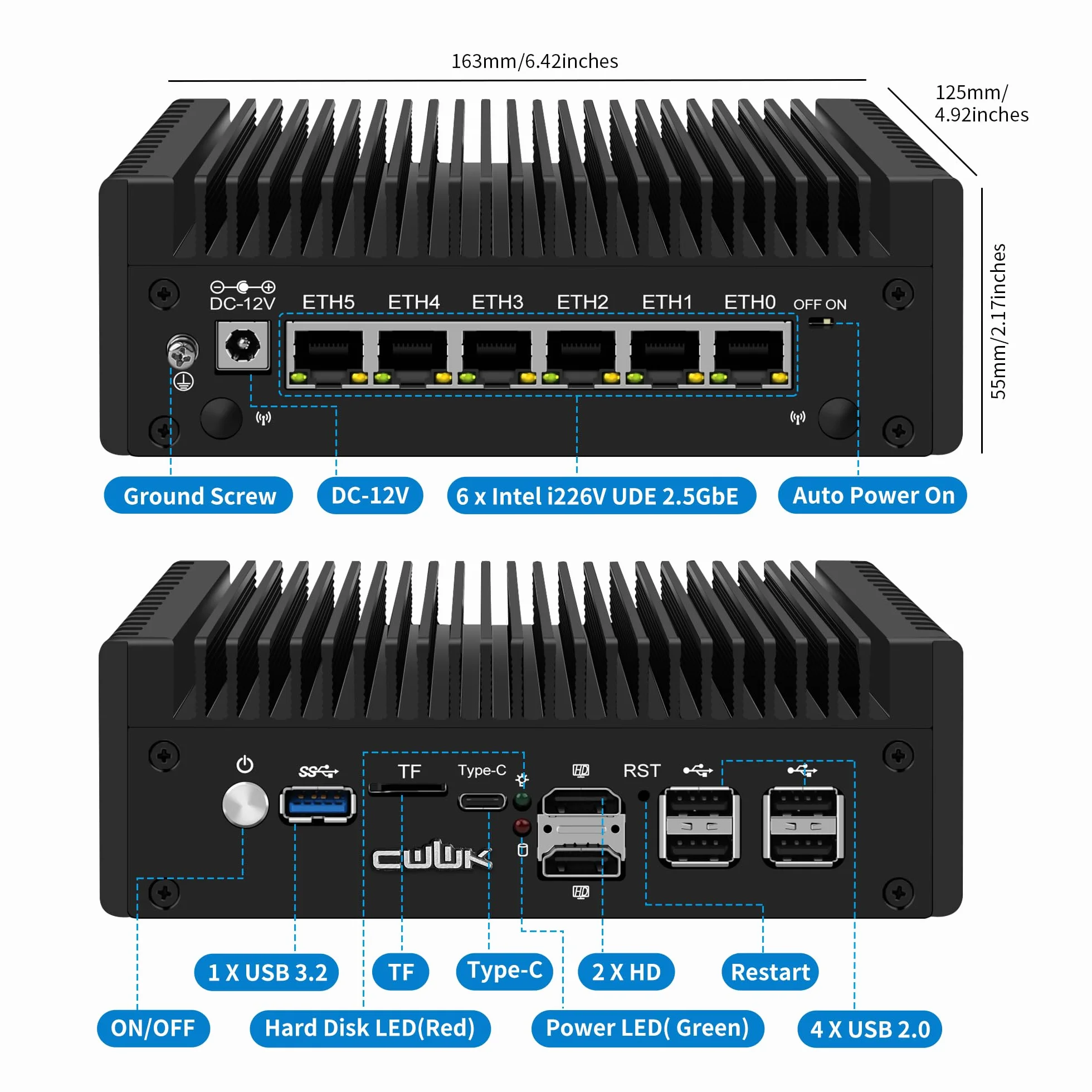 CWWK Mini PC N150 (Upgraded N100) Firewall Appliance, OPNsense Mini Computer with 6 Port i226-V 2.5GbE LAN, F5 Fanless Micro PC DDR5 8GB RAM 128GB NVMe SSD, USB Type-C, 3-Display