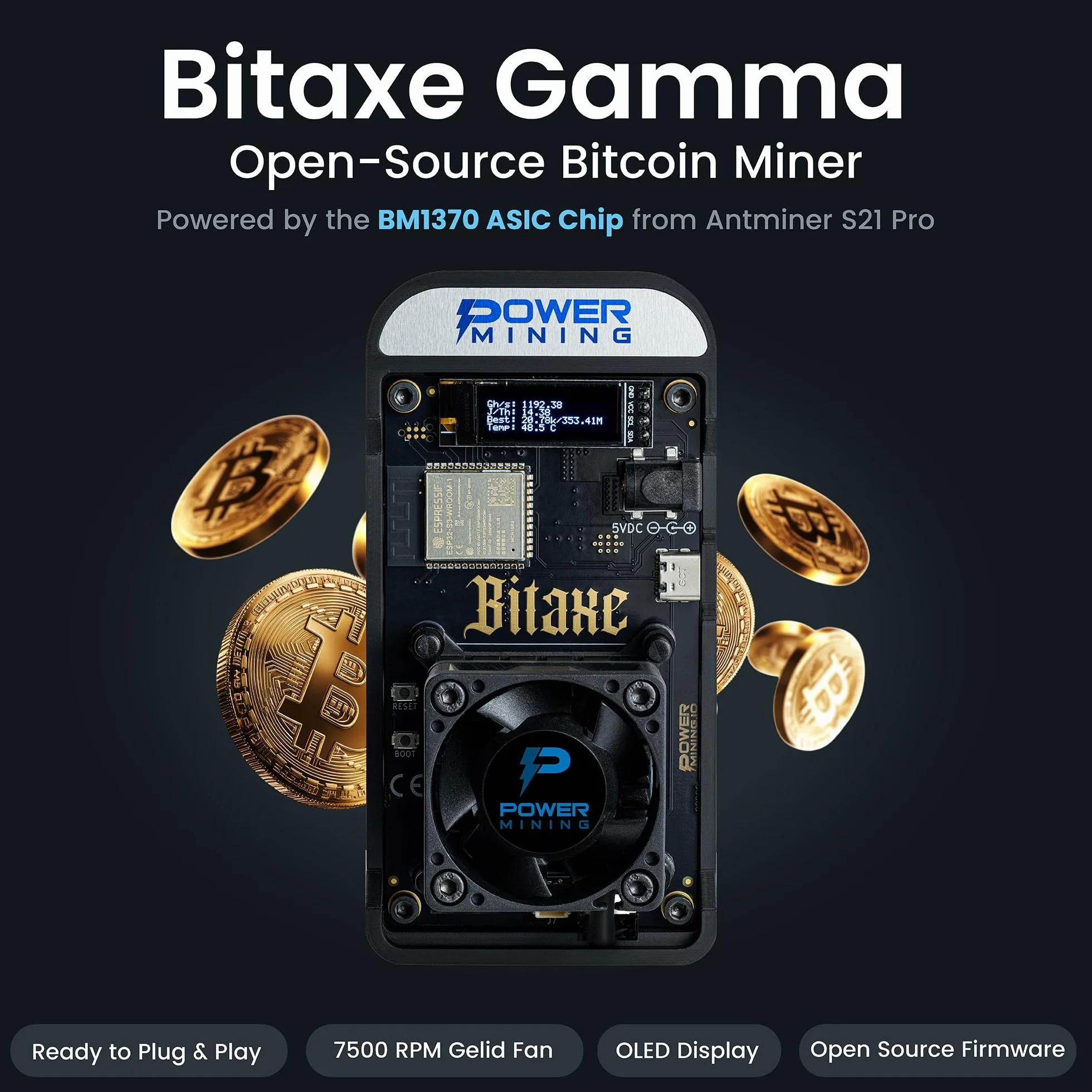 Bitaxe Gamma 602 Bitcoin (BTC) Solo Home Miner with Power Supply and Stand BM1370 ASIC Made in Europe