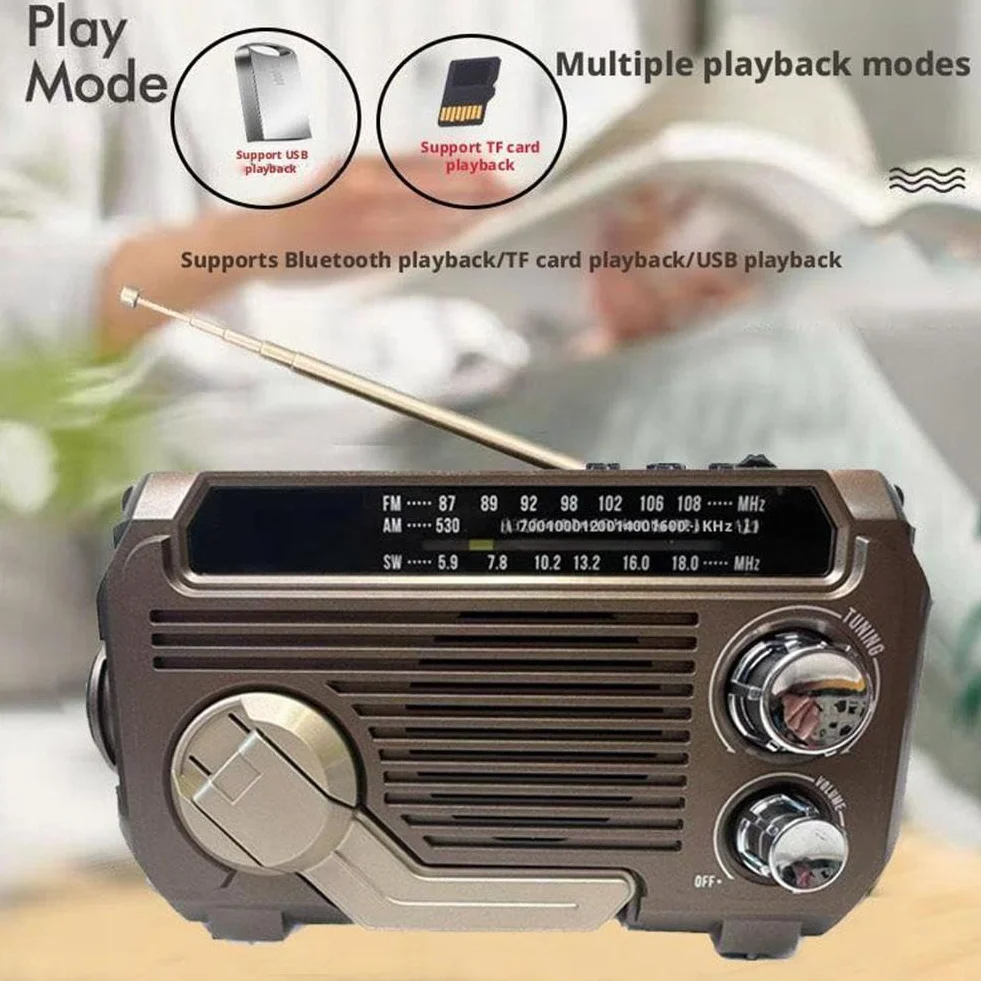 Radio z korbą ręczną do ładowania słonecznego, przenośne radio survivalowe FM/AM/SW, radia awaryjne, ładowalne, wielokanałowe radio o niskiej mocy, Bluetooth 5.2, głośnik odtwarzacz muzyczny, obsługa