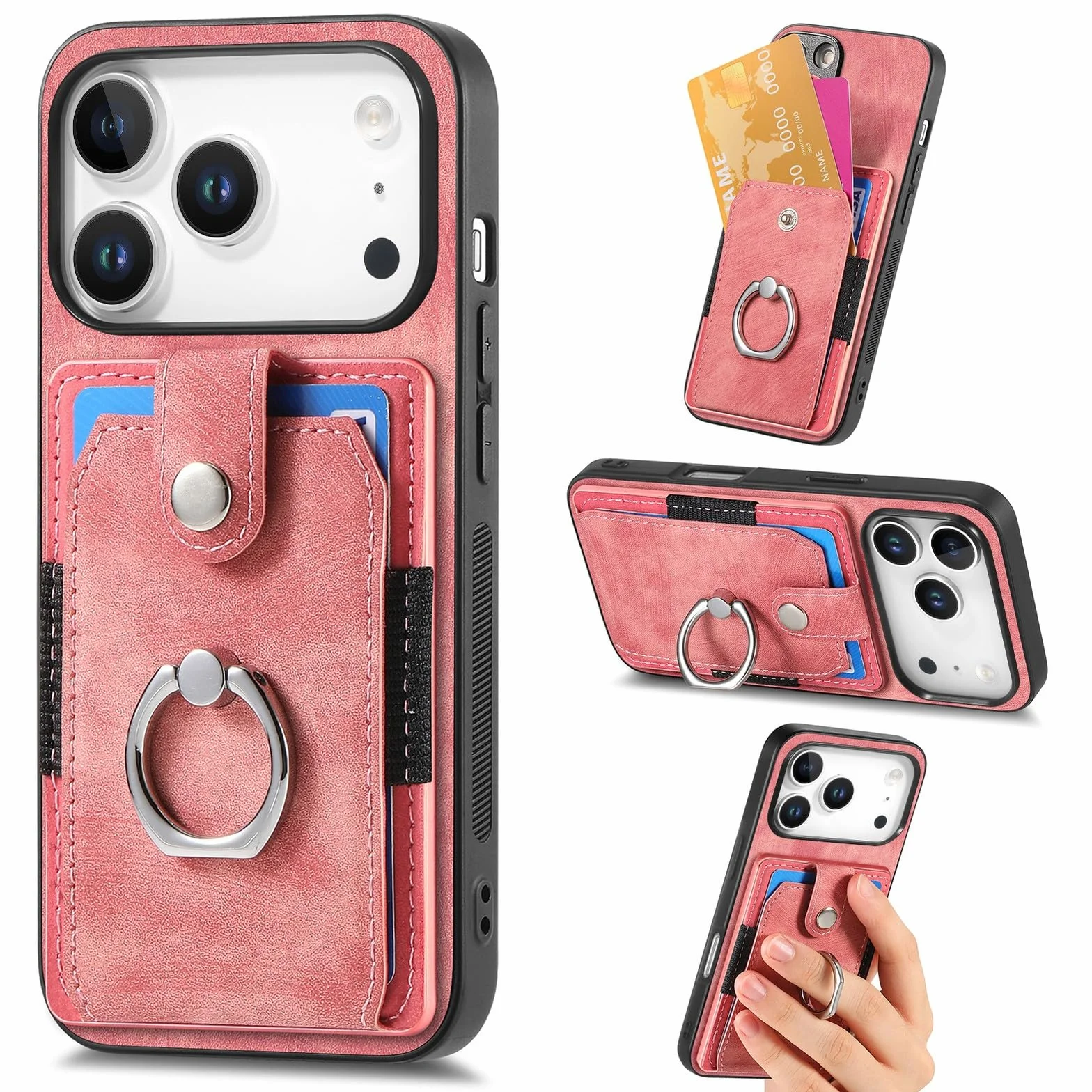 Generic etui kompatybilne z iPhone 15 Pro (kolor: różowy) portfel skórzany uchwyt pierścieniowy twardy silikonowy futerał na tył
