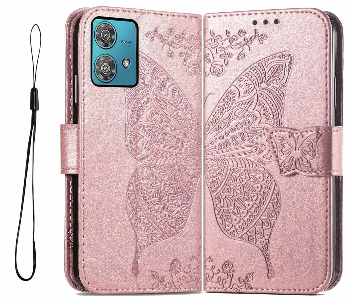 GOKEN Etui na Motorola Edge 40 Neo, pokrowiec z klapką ze skóry TPU/PU, magnetyczne zamknięcie etui na telefon z przegródkami na gotówkę i karty i uroczym wzorem/różowe złoto