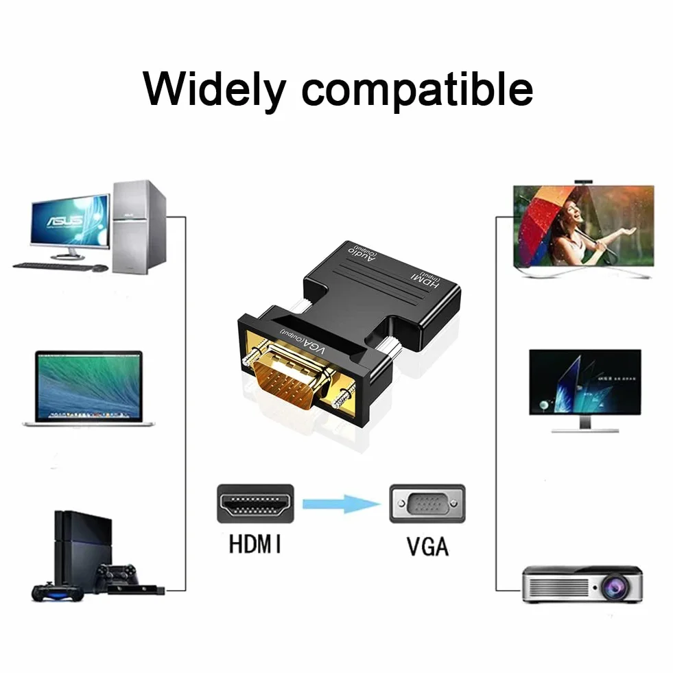Adapter HDMI do VGA z kablem audio 3,5 mm, konwerter 1080P 60Hz VGA na HDMI, adapter HDMI żeński na VGA męski, kompatybilny z laptopem (VGA) i projektorem TV (HDMI)