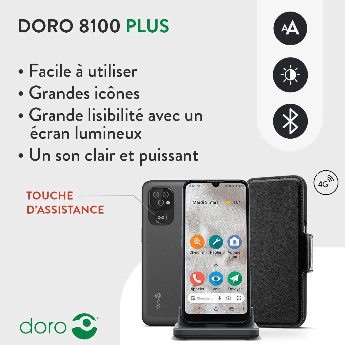 Doro 8100 Plus 4G Odblokowany smartfon dla seniorów, wodoodporny, z potrójnym aparatem, ekranem 6,1", GPS, rozpoznawaniem twarzy, podstawką do ładowarki i etui (czarny)