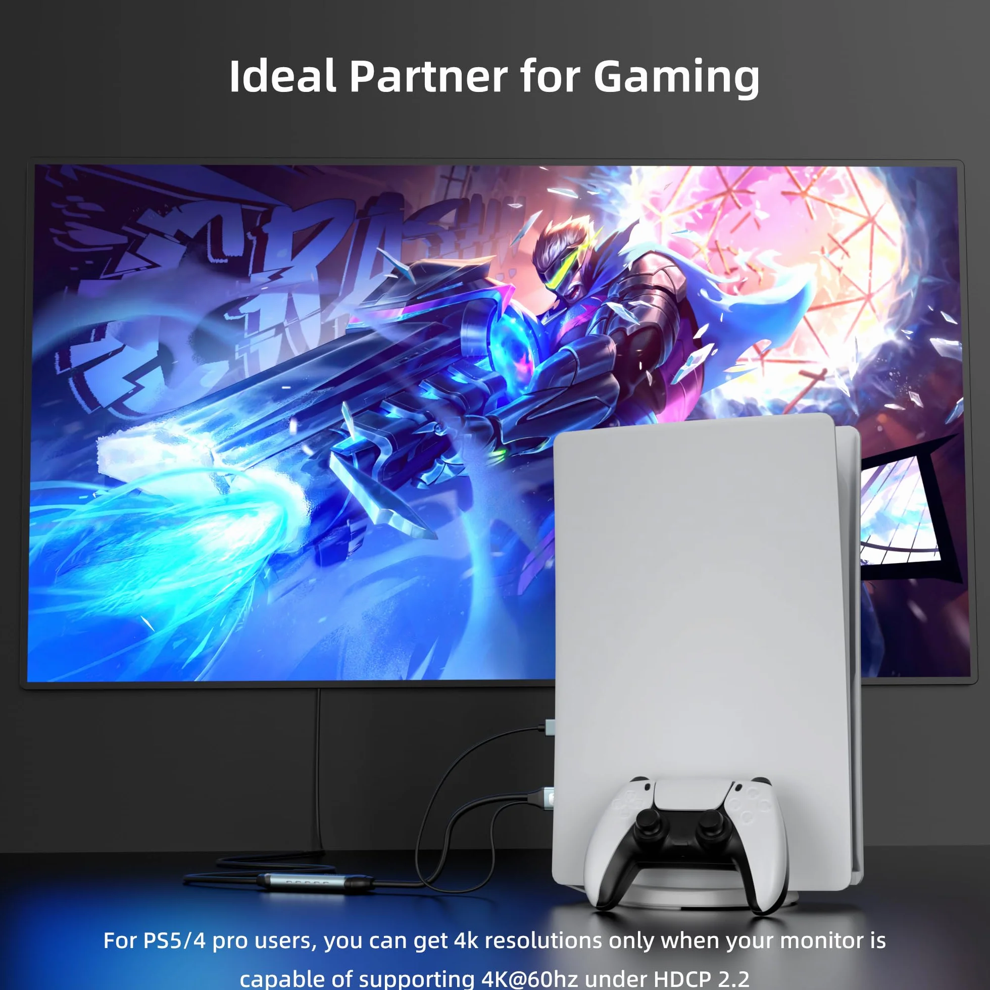 Adapter HDMI na DisplayPort 8K@60Hz, 4K@144Hz / 2K@240Hz, 1,5 m – Konwerter HDMI 2.1 na DP 1.4 do monitorów gamingowych – Aktywny kabel HDMI na DisplayPort do PS5, Xbox i komputerów gamingowych