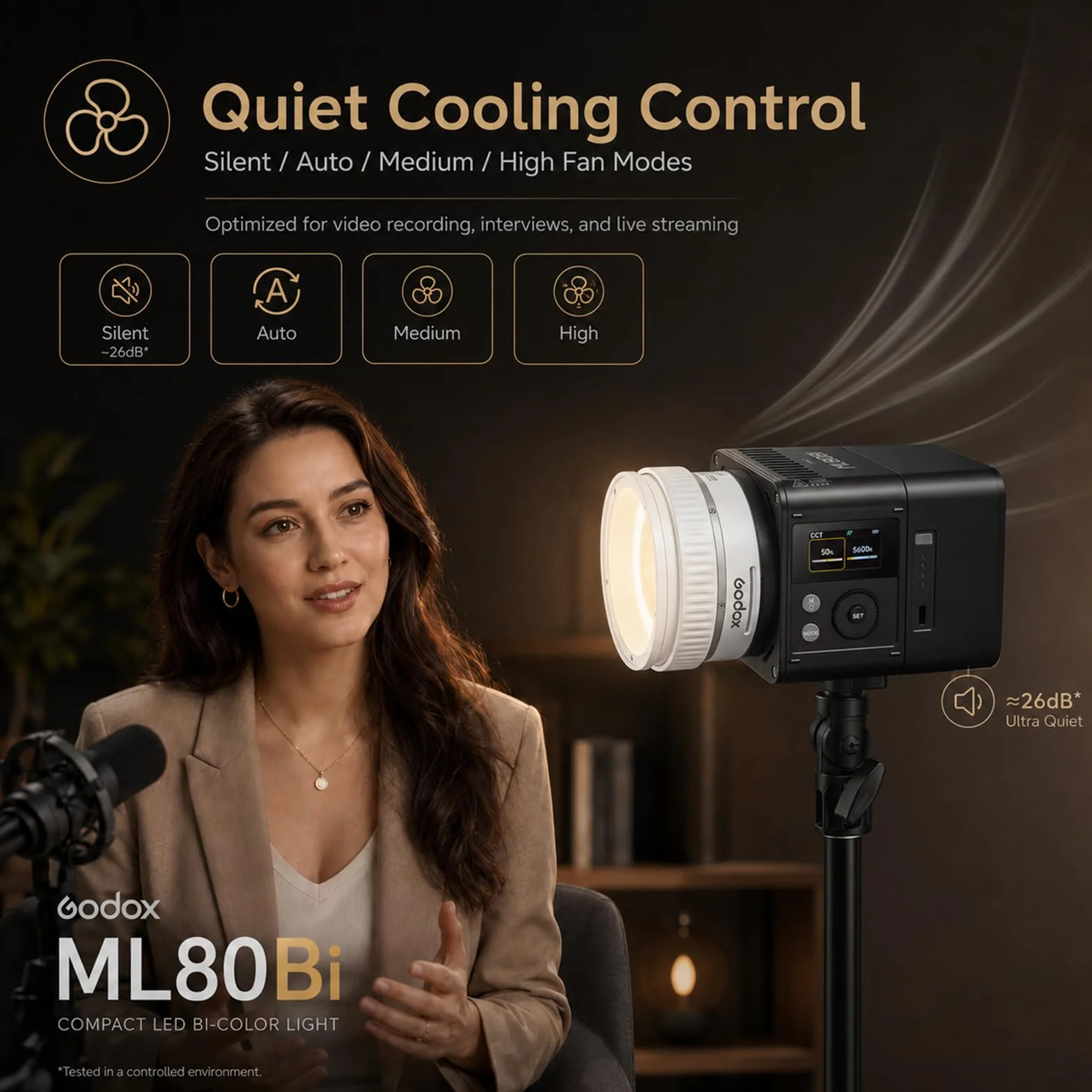 Godox ML80Bi Bi-kolorowa lampa wideo LED 2800–6500 K, 29 600 lx, kompaktowa modułowa lampa z obiektywem zmiennoogniskowym, sterowanie za pomocą aplikacji i sieci bezprzewodowej, CRI 96 TLCI 96