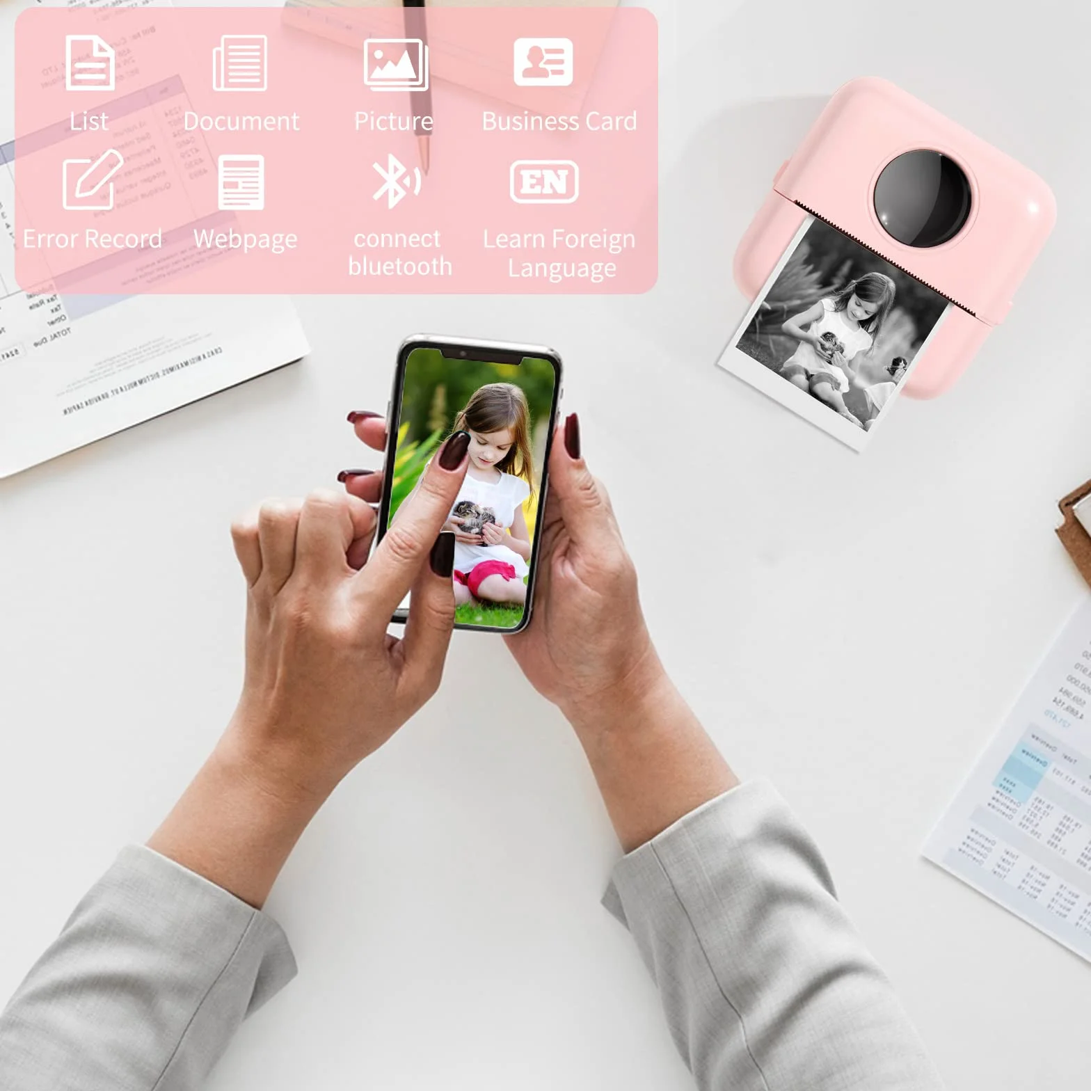 GuKKK Mini drukarka, mobilna drukarka fotograficzna, przenośna mini drukarka fotograficzna, bezprzewodowa drukarka fotograficzna, drukarka Bluetooth, pomoc w nauce, notatki, dziennik, notatki