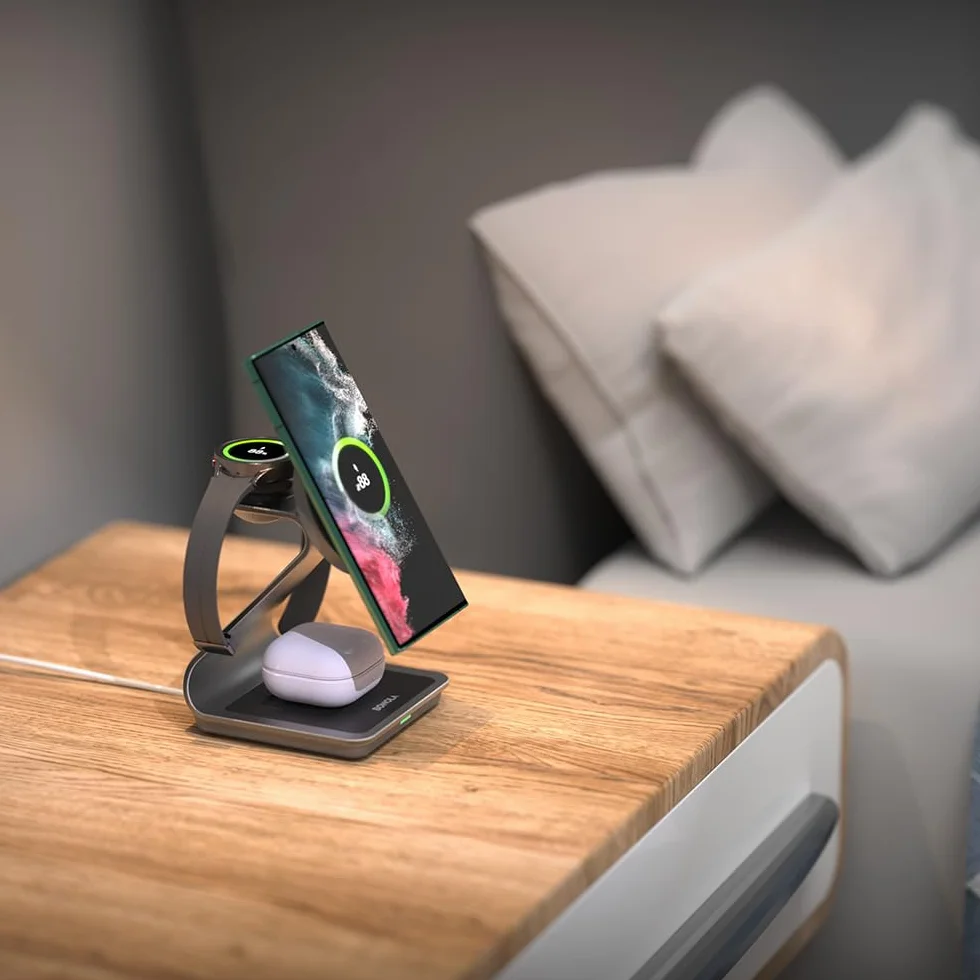 Bezprzewodowa ładowarka do Samsunga: Magnetyczna bezprzewodowa stacja ładująca 3 w 1 do Samsung S25 S24 Ultra S23 S22 S21, stojak do ładowania ze stopu aluminium do Galaxy Watch Ultra/7/6/5/4