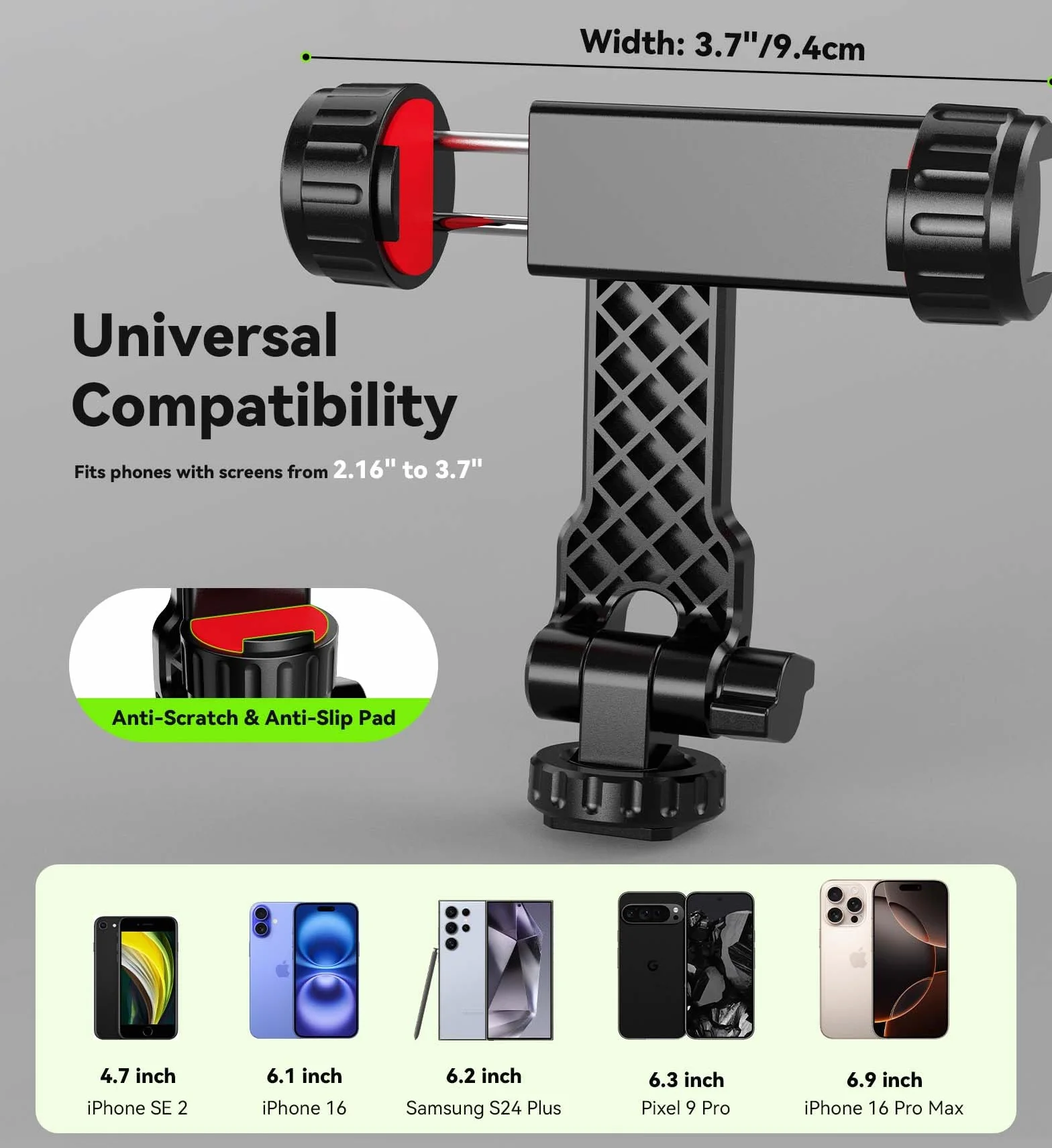 YZNT Uniwersalny uchwyt do telefonu z obrotem 360°, gwint 1/4", 2 adaptery