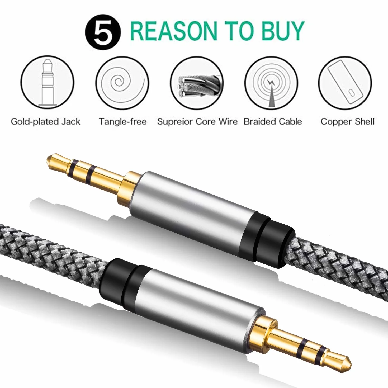 Tan QY Nylonowy pleciony kabel AUX 3,5 mm, 50 m, pomocniczy adapter wejściowy audio męski na męski przewód do słuchawek, samochodu, domowego stereo, głośnika, iPhone'a, iPada, iPoda i innych (15 m,