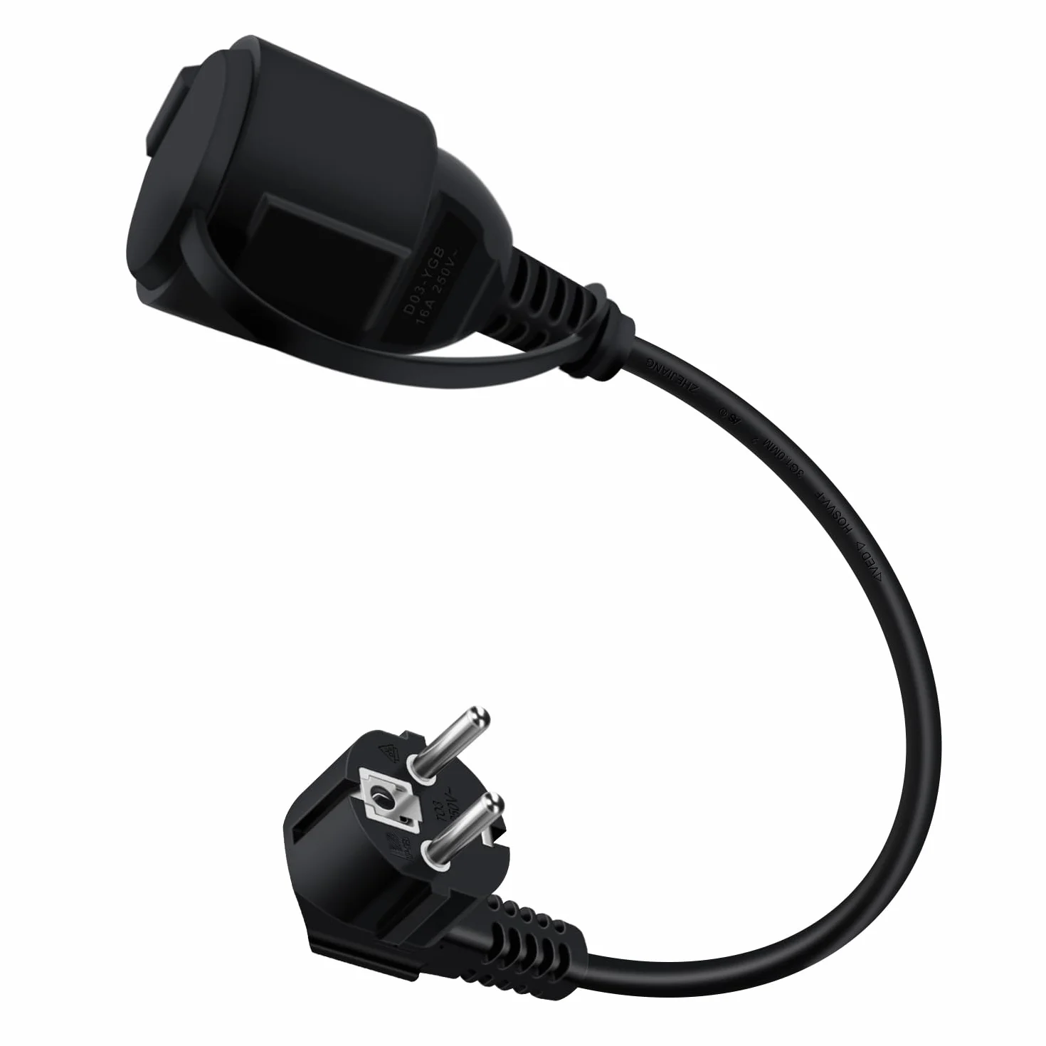 Schuko Przedłużacz Krótki 90° ochronny przedłużacz kontaktowy 16A /250V Krótki kabel 2 AC dla gniazda IP44 na zewnątrz lub wewnątrz, dom, biuro (czarny, 0.3 m)