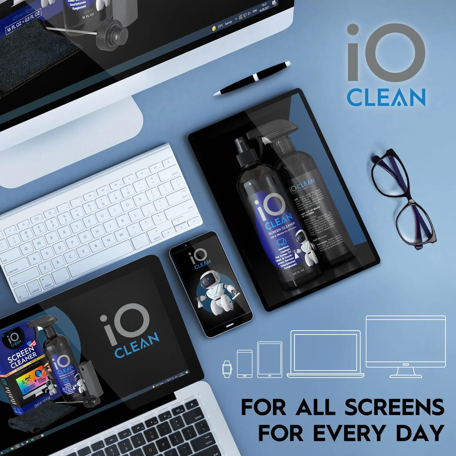 iO Clean Zestaw do Czyszczenia Ekranów (473 ml) do LCD, LED i OLED TV, Smartfonów, iPadów, Laptopów i Monitorów – Ściereczka z Mikrofibry