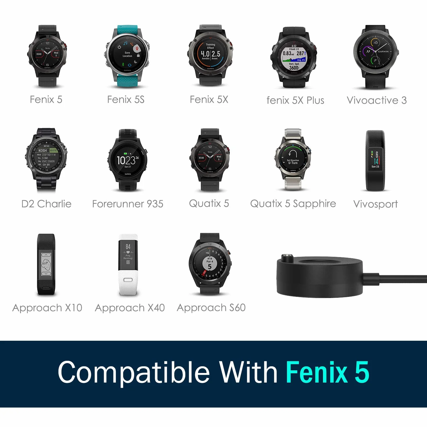 TiMOVO 2 Pack Charger Compatible with Garmin Watch, Black | Portable Charging Dock for Vivoactive 6/5/4/3, Venu 4/3/2, Fenix E/8/7/6/5, Forerunner 970/570/745/945, Instinct 3
