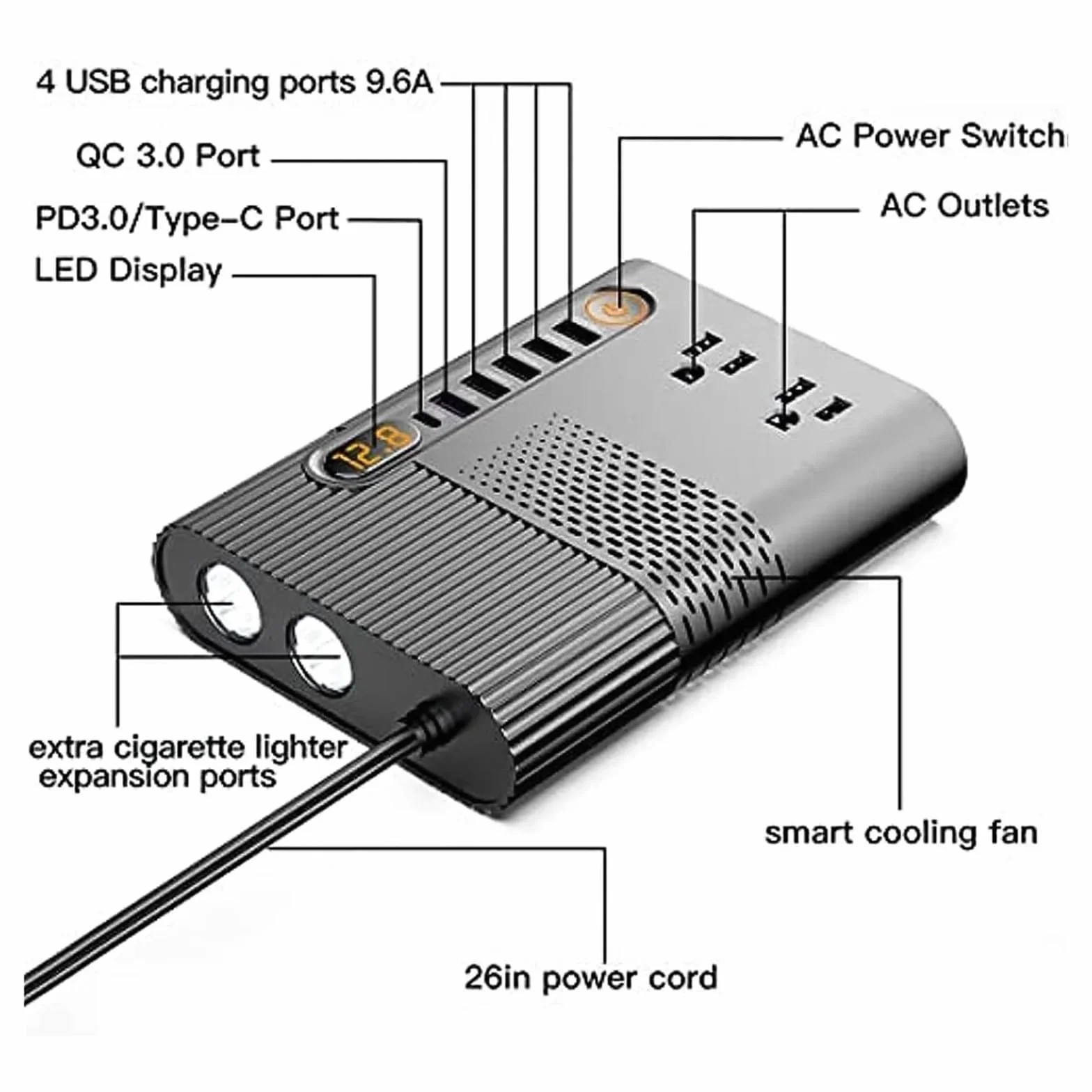 Inwertery, Przetwornica napięcia samochodowego 300 W, 12 V DC do AC, gniazdo samochodowe, konwerter samochodowy z 4 portami USB