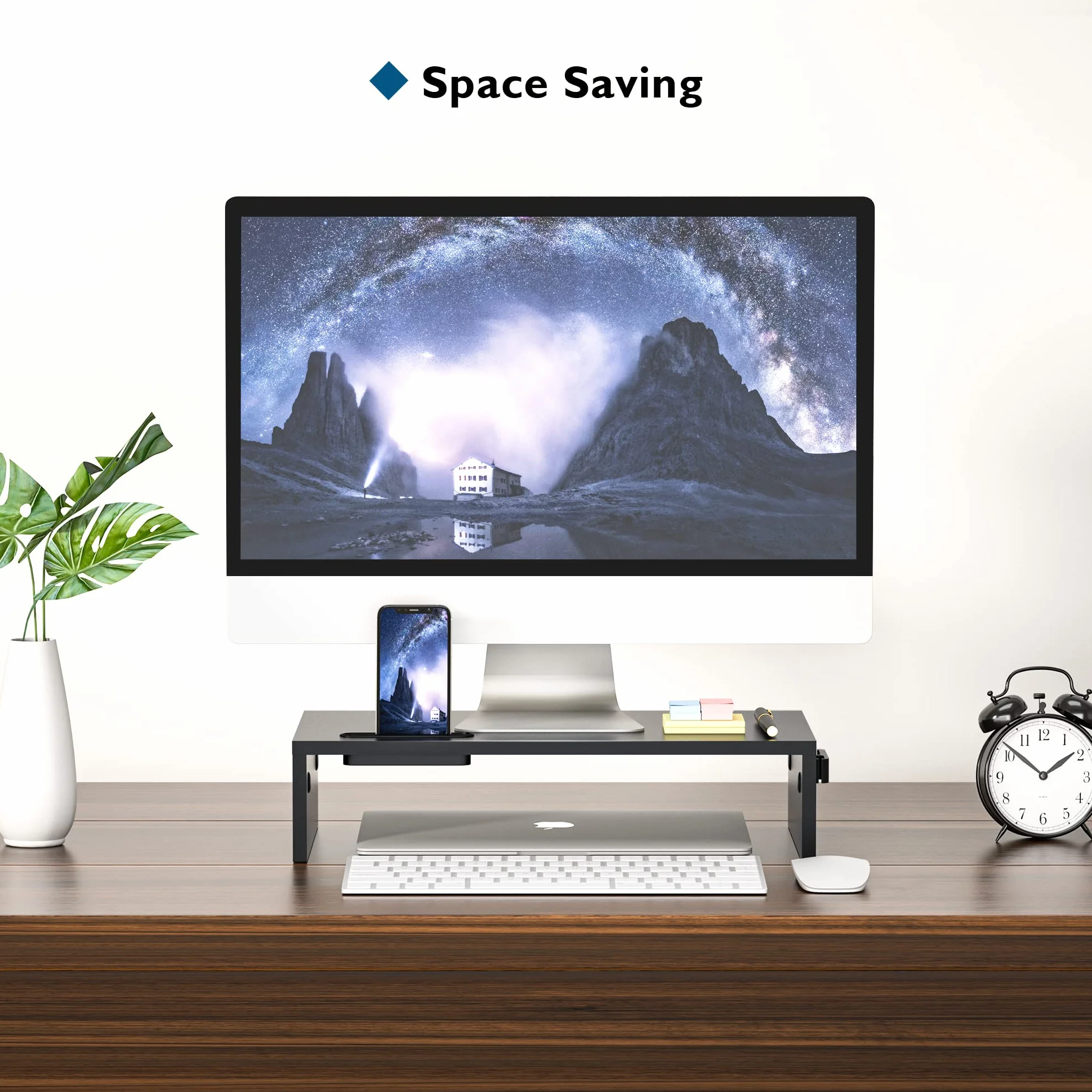 BONTEC Podstawka pod monitor, stojak na monitor, uchwyt na telefon, ergonomiczna podstawka pod drukarkę, pod laptopa z miejscami na kable, do komputerów, notebooków, iMaców, Pecetów, 42 cm, czarny
