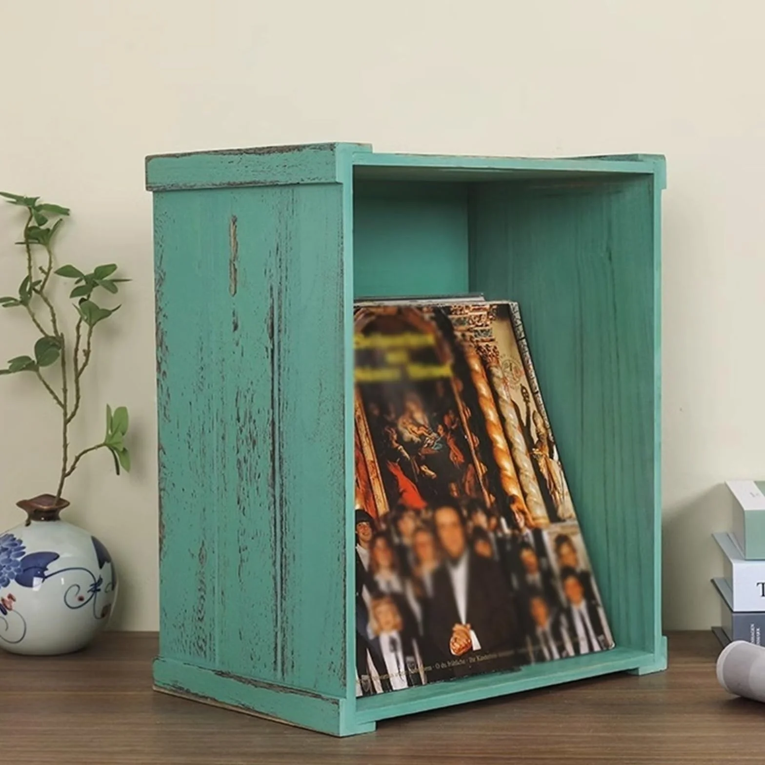 Organizator półki na DVD Skrzynia do przechowywania płyt winylowych, futerał w stylu retro z uchwytem, ​​drewniany uchwyt albumów, pudełko organizerem Stojak do przechowywania płyt CD(Green)