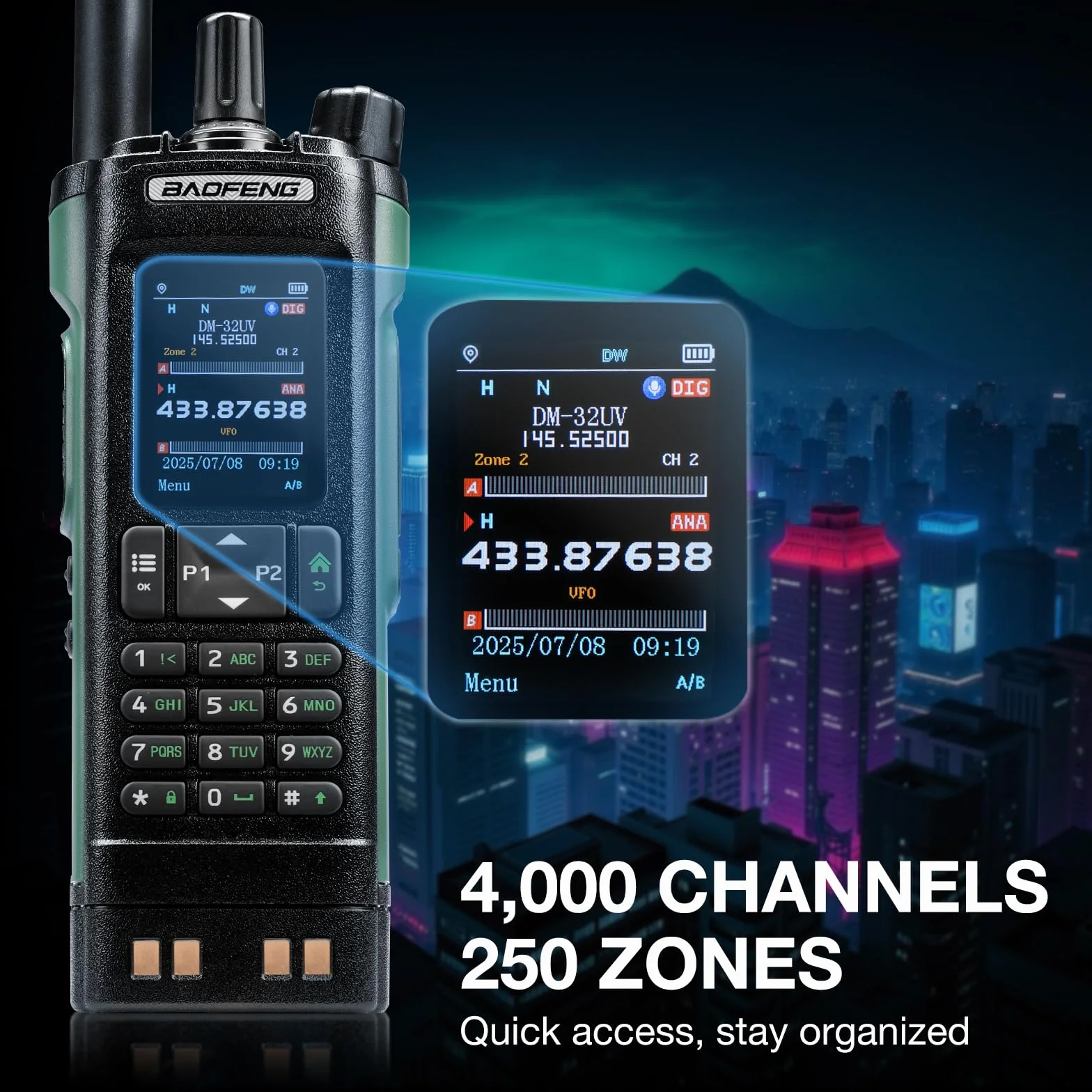 BAOFENG DM-32UV 10W DMR radio, UHF/VHF/AM/FM z GPS i cyfrowym APRS, podwójne gniazdo Tier II, kolorowy wyświetlacz 2", 4000 kanałów, styki 50 K, uchwyt na walizkę, zielony
