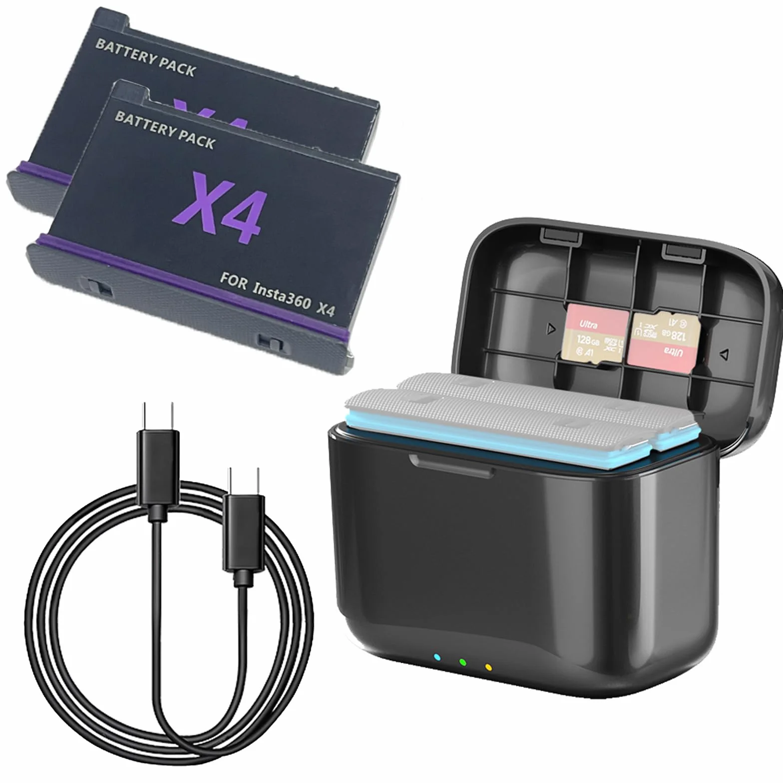 Podwójna ładowarka + 2 baterie 2380 mAh do Insta360 X4 Inteligentna ładowarka Kabel USB typu C PD3.0 PD2.0 Przechowywanie kart SD Pokrywa magnetyczna stacja ładująca